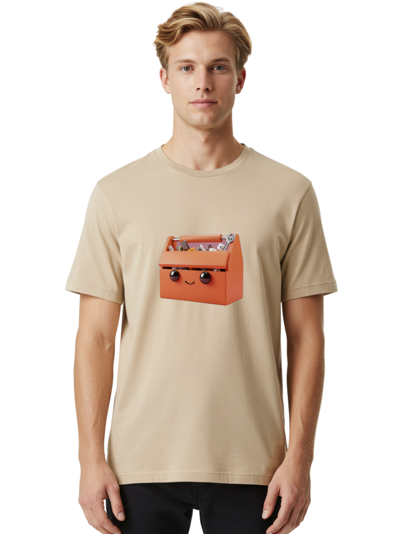 Toolbox-1 Men'S Graphic Tee, 100% Cotton, Comfortable Casual Summer Wear, Machine Washable, Orange Toolbox, Cartoonish Face, Smiling Eyes, Black Pupils, 3D Rendering, Creative Design, Funny, Quirky, Toolbox, Metal Wrenches, Various Tools Bad847 17