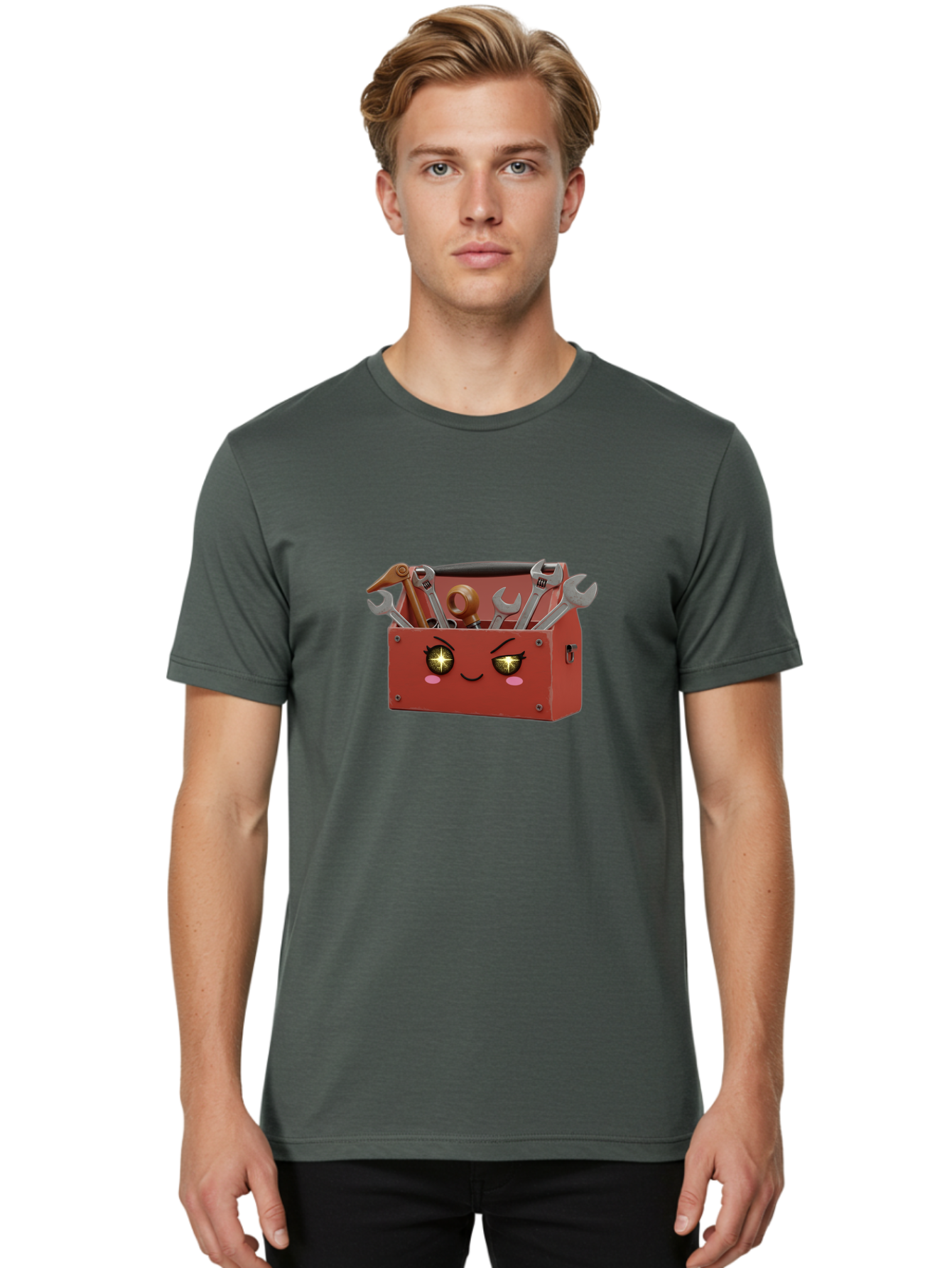 Toolbox-With-Wrenches-And-Pliers Men'S Graphic Tee, 100% Cotton, Comfortable Casual Summer Wear, Machine Washable, Cartoon Toolbox, Winking Face, Kawaii Style, Tools Inside, Wrenches, Spanner, Pliers, Repair Equipment, Diy, Mechanic, Handyman, Bad850 23