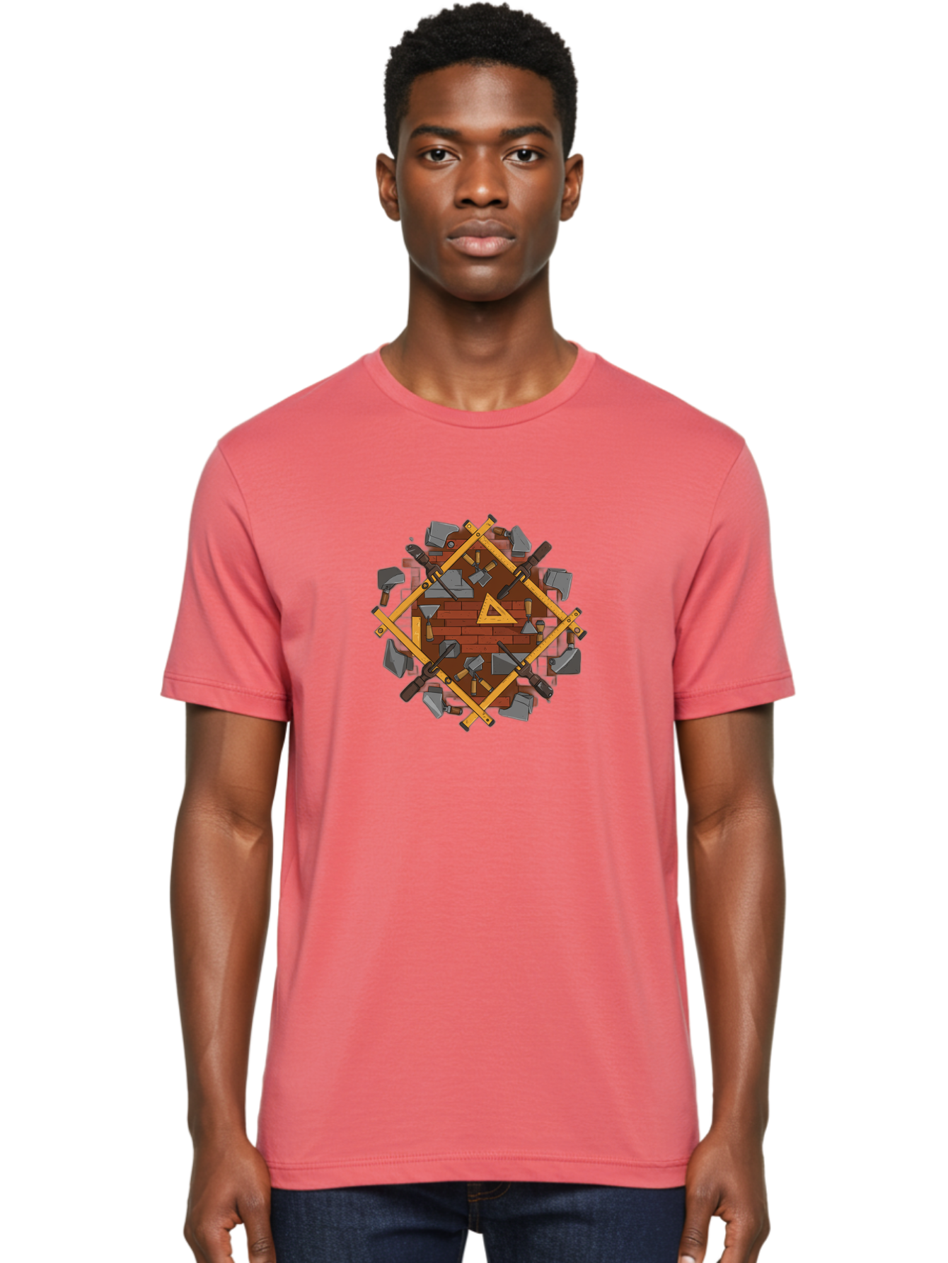 Tools-Triangle Men'S Graphic Tee, 100% Cotton, Comfortable Casual Summer Wear, Machine Washable, Hammering Tools, Building Materials, Construction Theme, Brick Pattern, Wooden Frames, Masonry Work, Construction Equipment, Building Blocks, Bad852 26