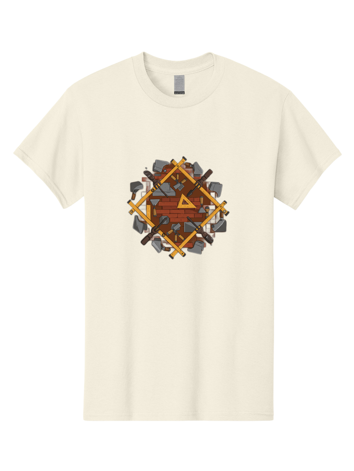 Tools-Triangle Men'S Graphic Tee, 100% Cotton, Comfortable Casual Summer Wear, Machine Washable, Hammering Tools, Building Materials, Construction Theme, Brick Pattern, Wooden Frames, Masonry Work, Construction Equipment, Building Blocks, Bad852 5