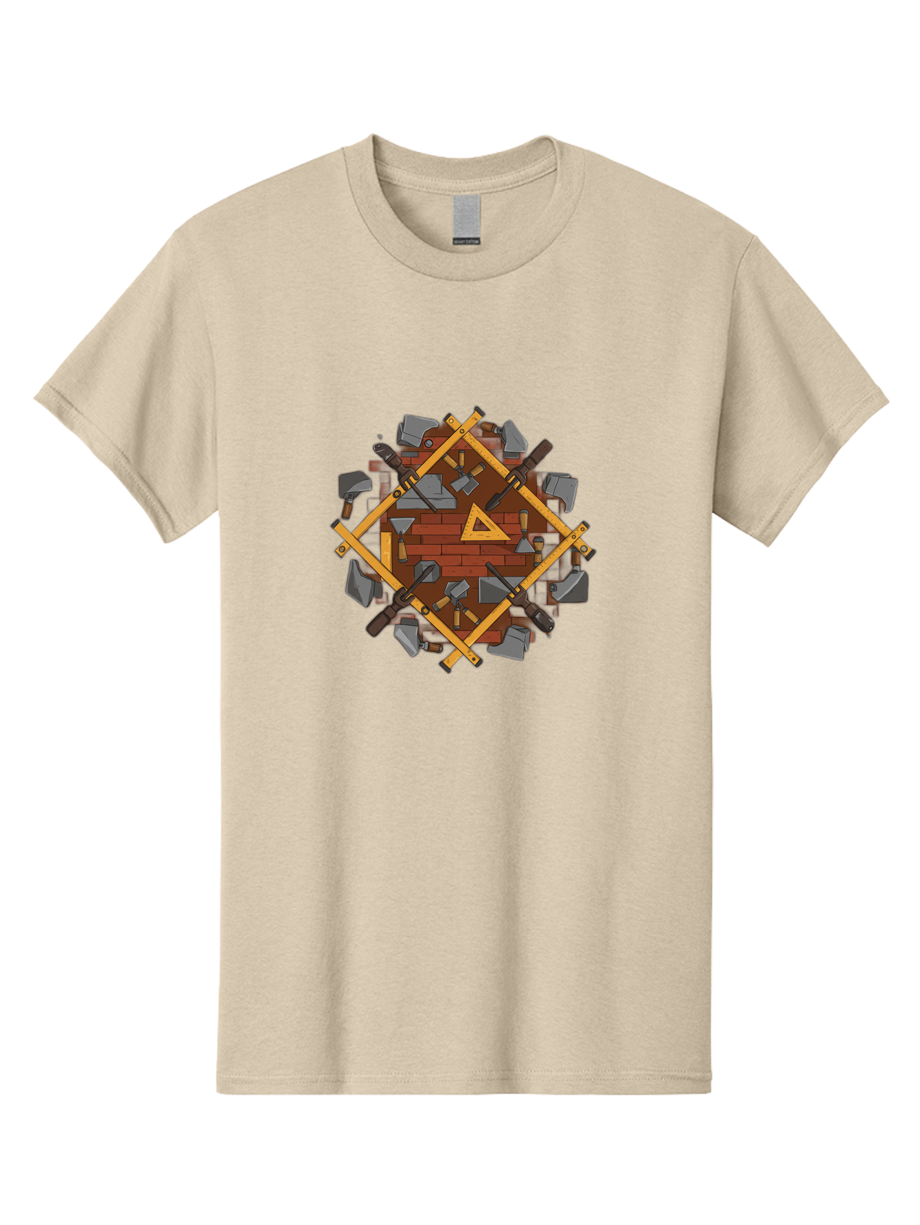 Tools-Triangle Men'S Graphic Tee, 100% Cotton, Comfortable Casual Summer Wear, Machine Washable, Hammering Tools, Building Materials, Construction Theme, Brick Pattern, Wooden Frames, Masonry Work, Construction Equipment, Building Blocks, Bad852 3