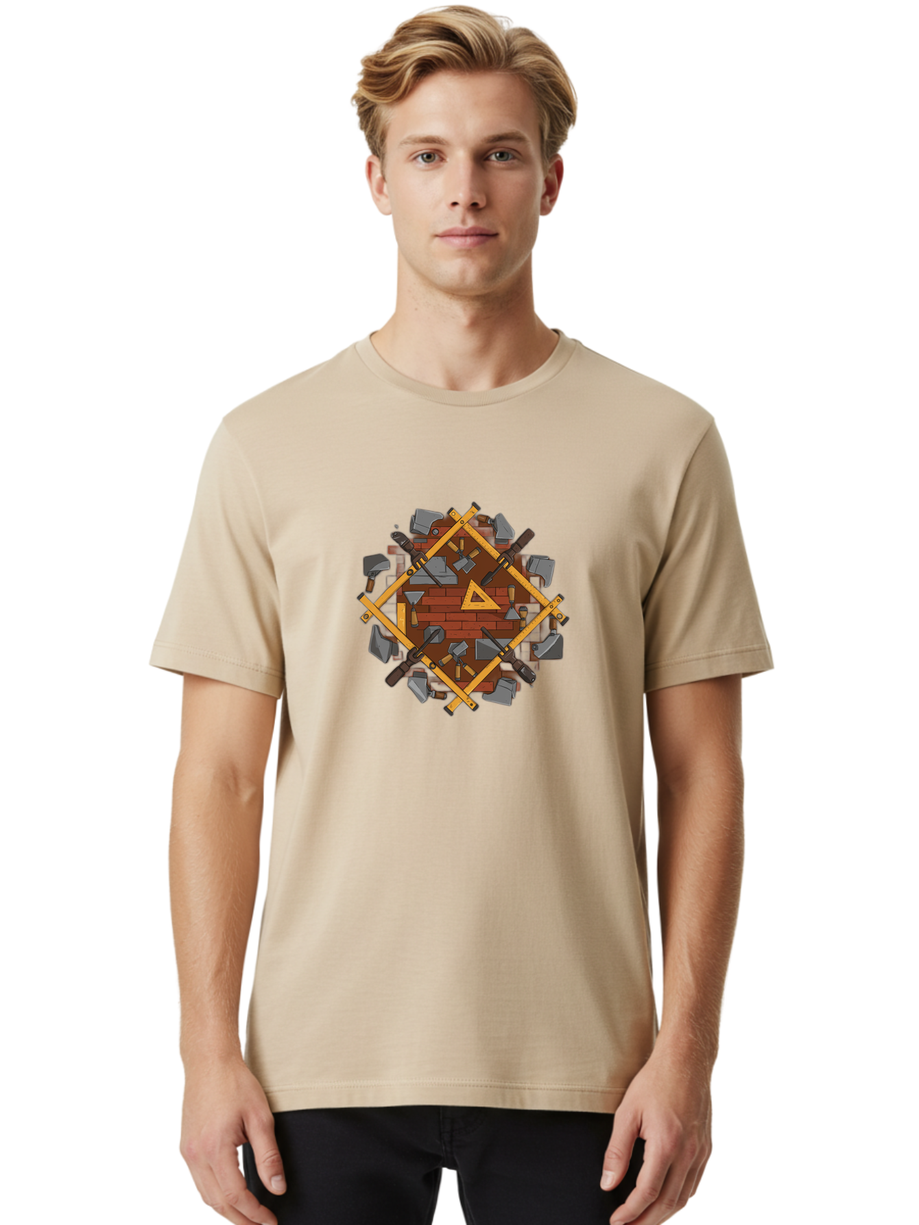 Tools-Triangle Men'S Graphic Tee, 100% Cotton, Comfortable Casual Summer Wear, Machine Washable, Hammering Tools, Building Materials, Construction Theme, Brick Pattern, Wooden Frames, Masonry Work, Construction Equipment, Building Blocks, Bad852 18