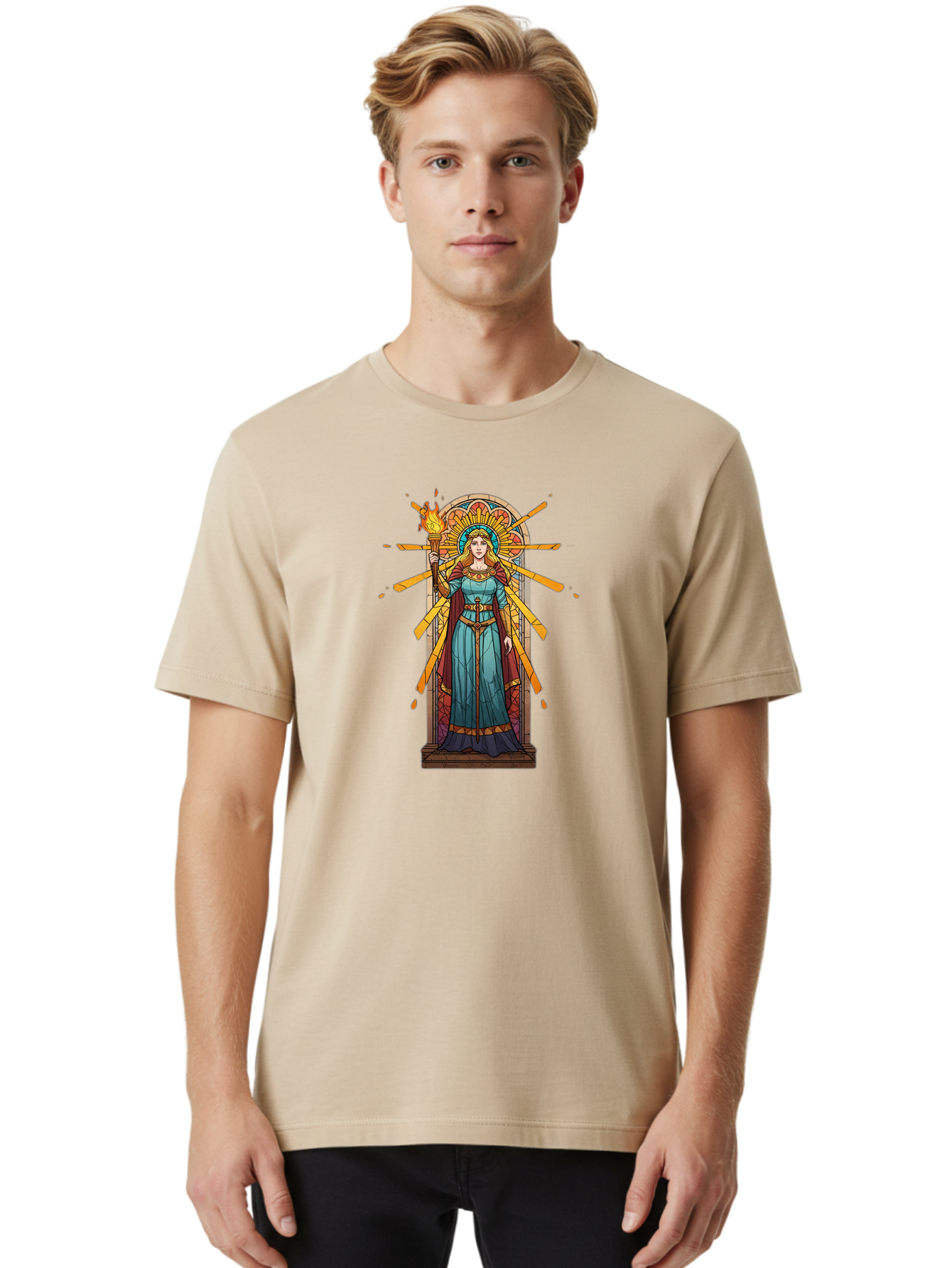 Torch-Lady Men'S Graphic Tee, 100% Cotton, Comfortable Casual Summer Wear, Machine Washable, Statue Of Liberty, Freedom Symbol, Torch Bearer, Stained Glass Art, Vintage Illustration, Liberty Personified, Woman With Torch Bad854 25