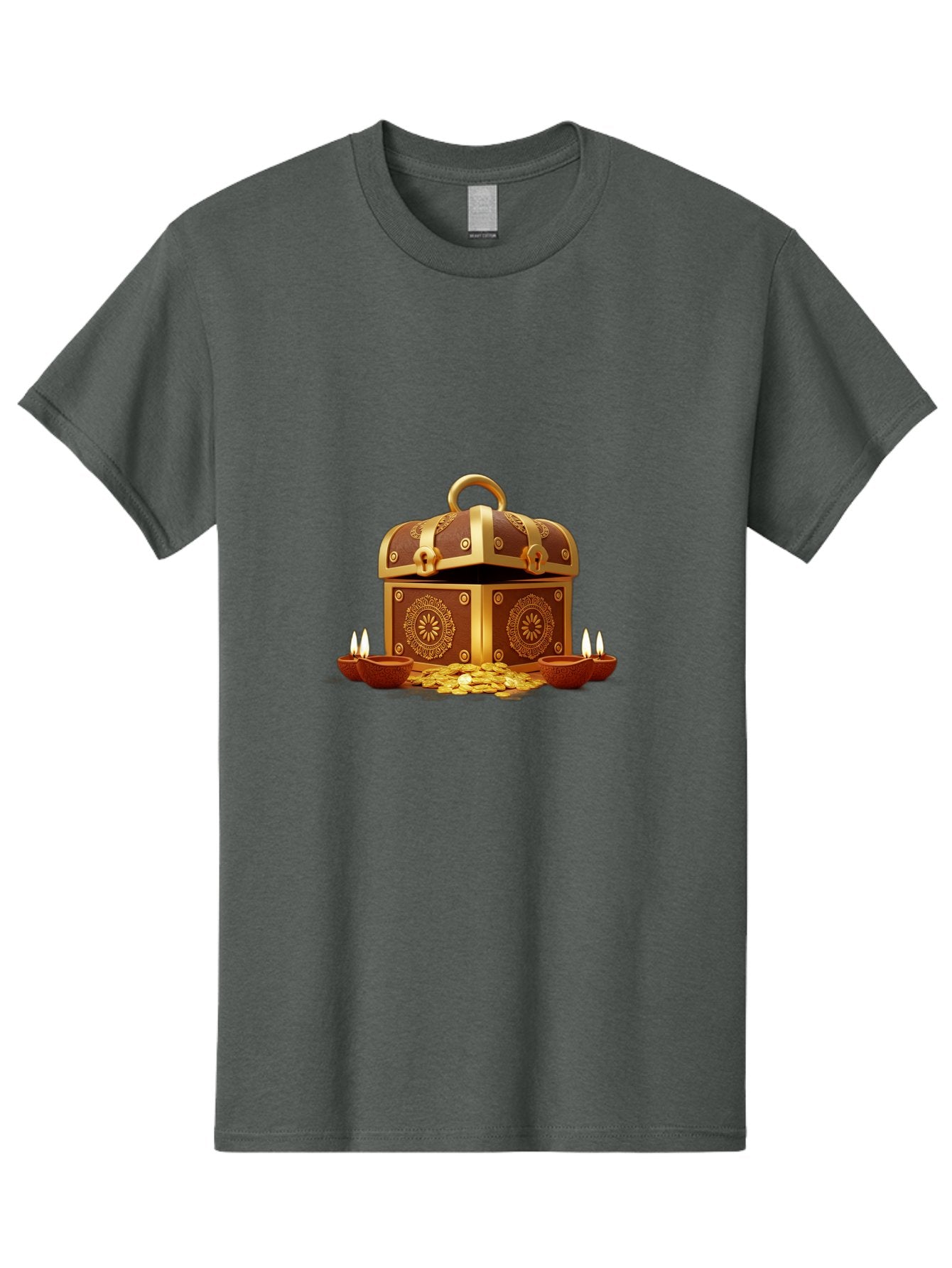 Treasure-Chest Men'S Graphic Tee, 100% Cotton, Comfortable Casual Summer Wear, Machine Washable, Treasure Chest, Gold Coins, Diyas, Lit Candles, Prosperity, Wealth, Traditional Decor, Festive Atmosphere, Indian Culture, Ornate Design Bad859 7