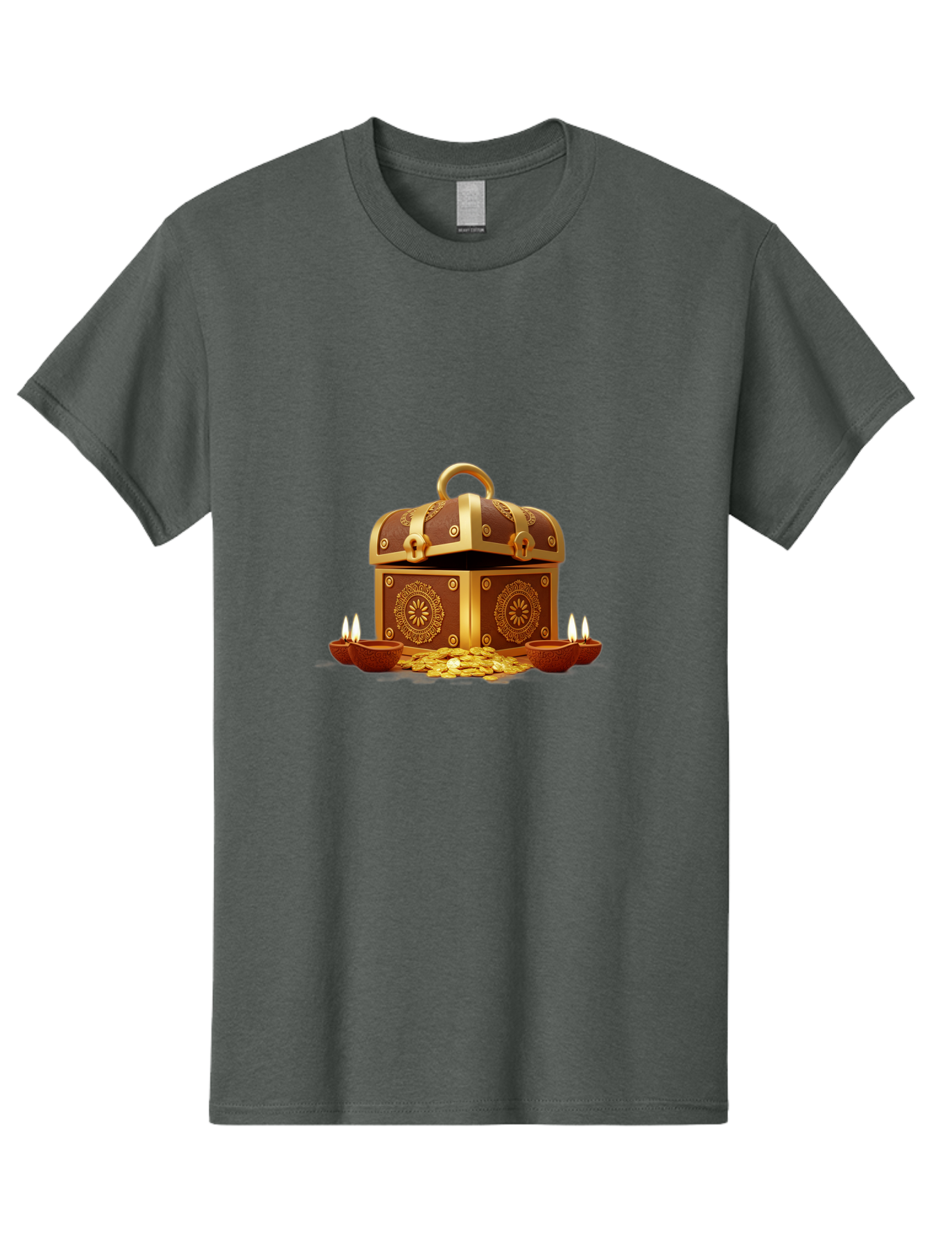 Treasure-Chest Men'S Graphic Tee, 100% Cotton, Comfortable Casual Summer Wear, Machine Washable, Treasure Chest, Gold Coins, Diyas, Lit Candles, Prosperity, Wealth, Traditional Decor, Festive Atmosphere, Indian Culture, Ornate Design Bad859 13