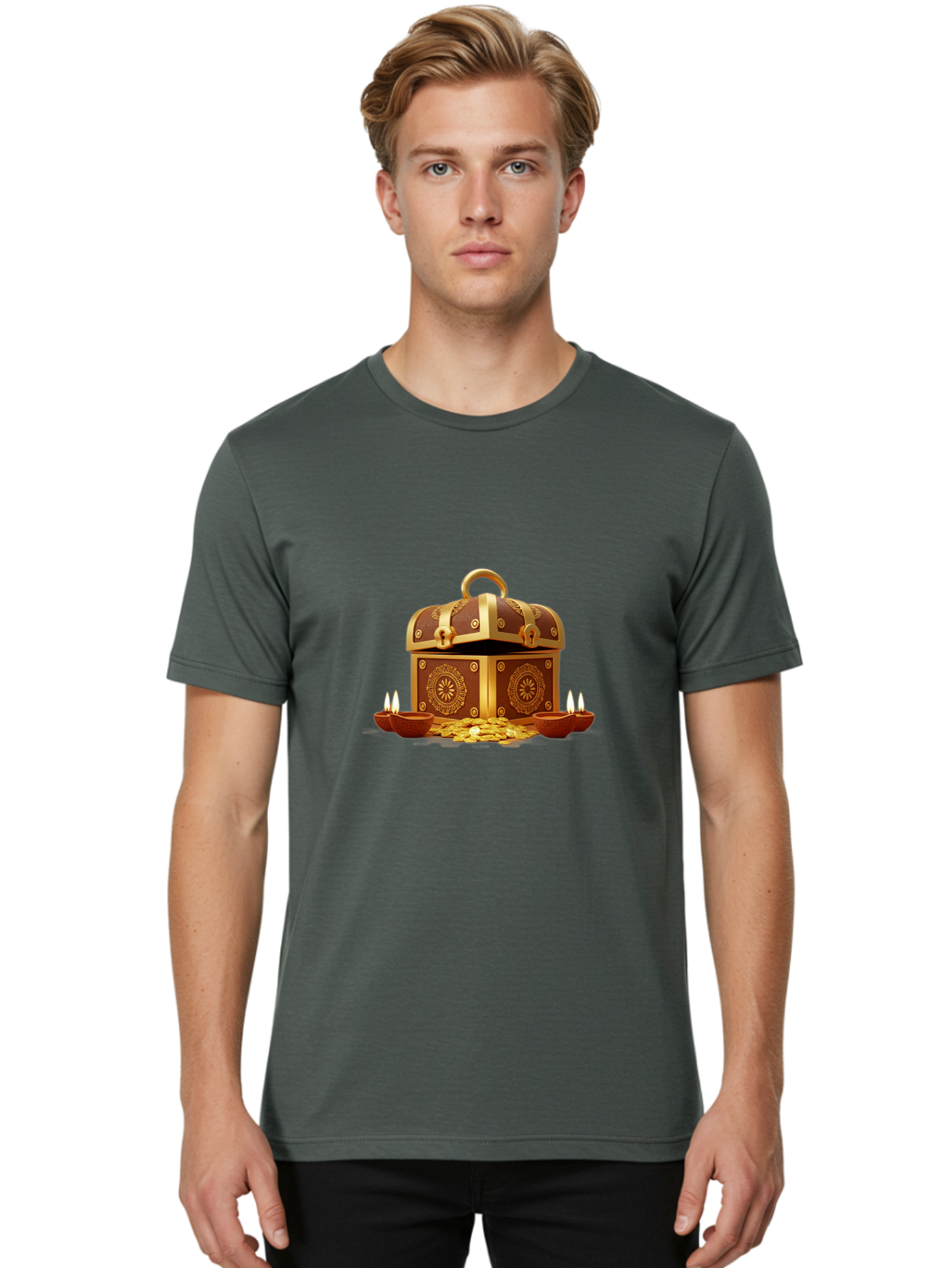 Treasure-Chest Men'S Graphic Tee, 100% Cotton, Comfortable Casual Summer Wear, Machine Washable, Treasure Chest, Gold Coins, Diyas, Lit Candles, Prosperity, Wealth, Traditional Decor, Festive Atmosphere, Indian Culture, Ornate Design Bad859 28
