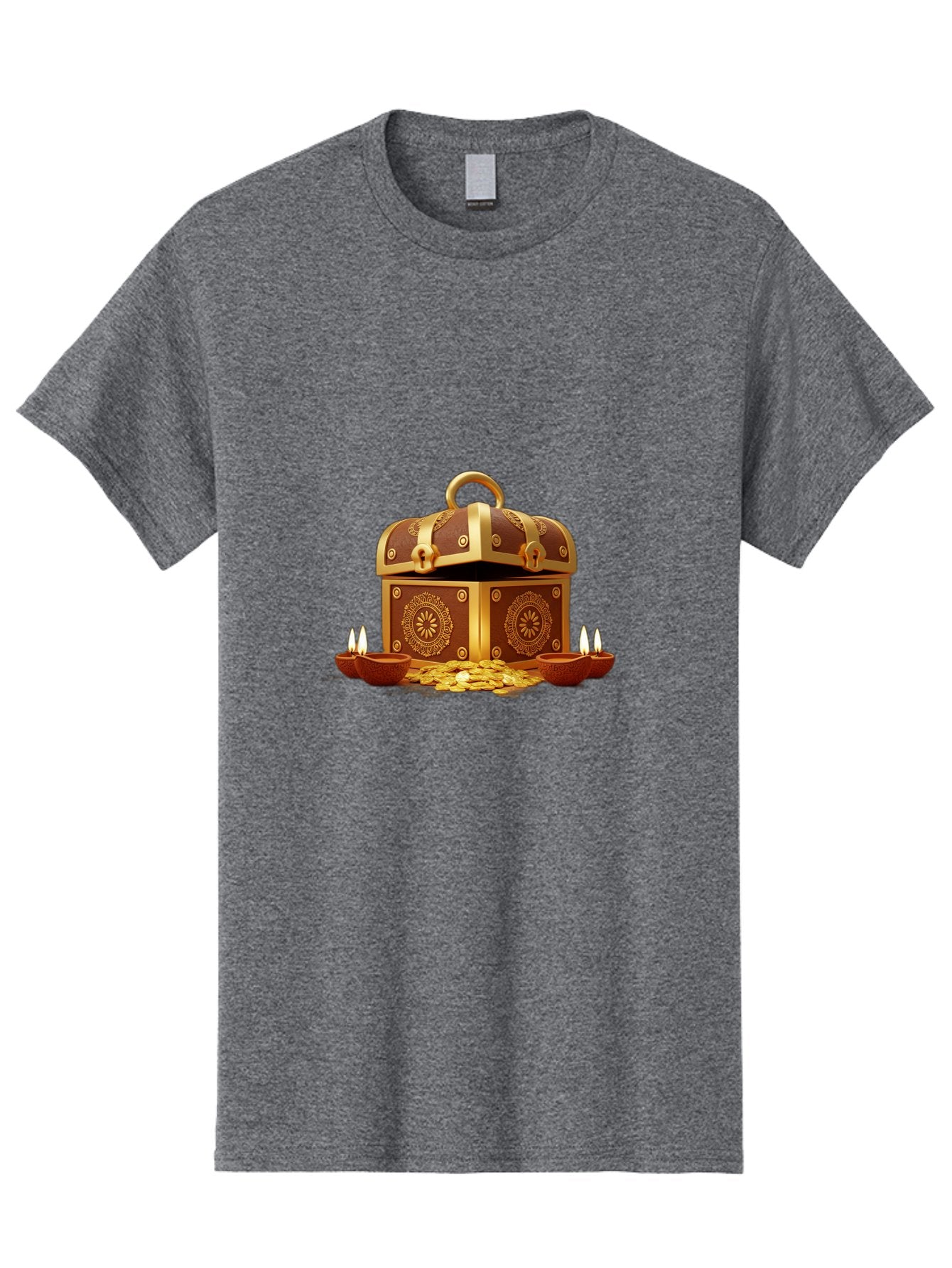 Treasure-Chest Men'S Graphic Tee, 100% Cotton, Comfortable Casual Summer Wear, Machine Washable, Treasure Chest, Gold Coins, Diyas, Lit Candles, Prosperity, Wealth, Traditional Decor, Festive Atmosphere, Indian Culture, Ornate Design Bad859 14