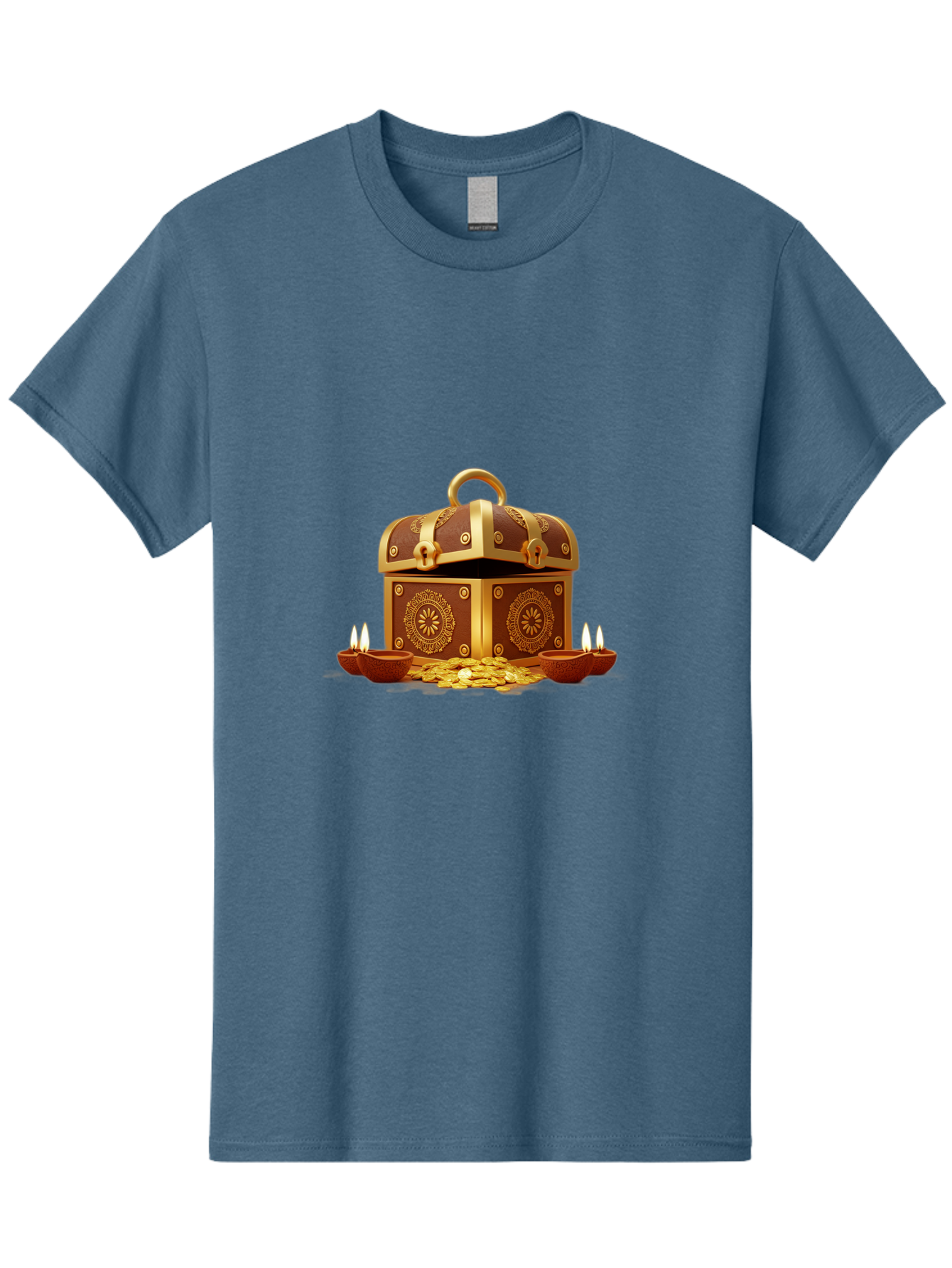 Treasure-Chest Men'S Graphic Tee, 100% Cotton, Comfortable Casual Summer Wear, Machine Washable, Treasure Chest, Gold Coins, Diyas, Lit Candles, Prosperity, Wealth, Traditional Decor, Festive Atmosphere, Indian Culture, Ornate Design Bad859 10
