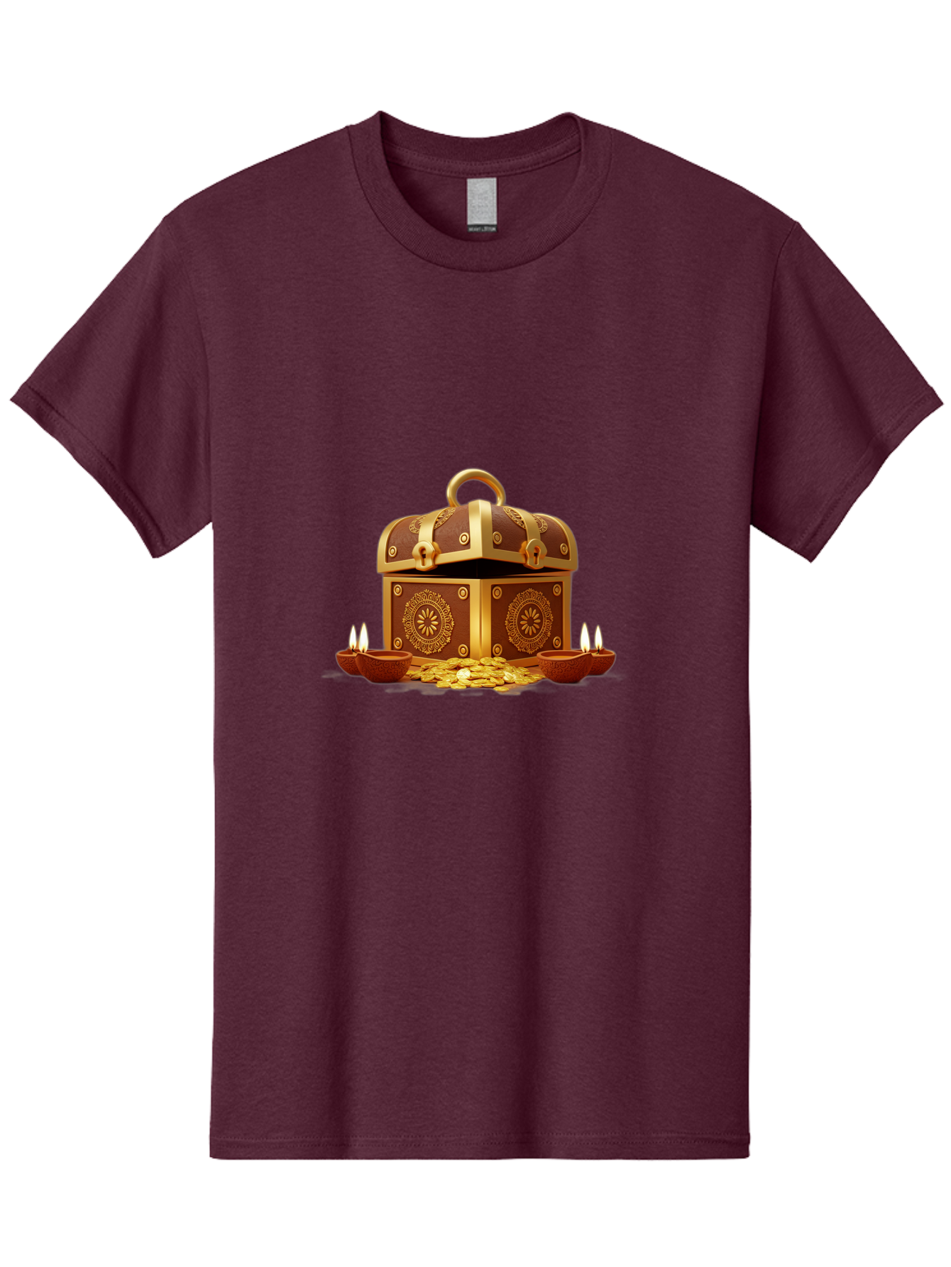 Treasure-Chest Men'S Graphic Tee, 100% Cotton, Comfortable Casual Summer Wear, Machine Washable, Treasure Chest, Gold Coins, Diyas, Lit Candles, Prosperity, Wealth, Traditional Decor, Festive Atmosphere, Indian Culture, Ornate Design Bad859 6