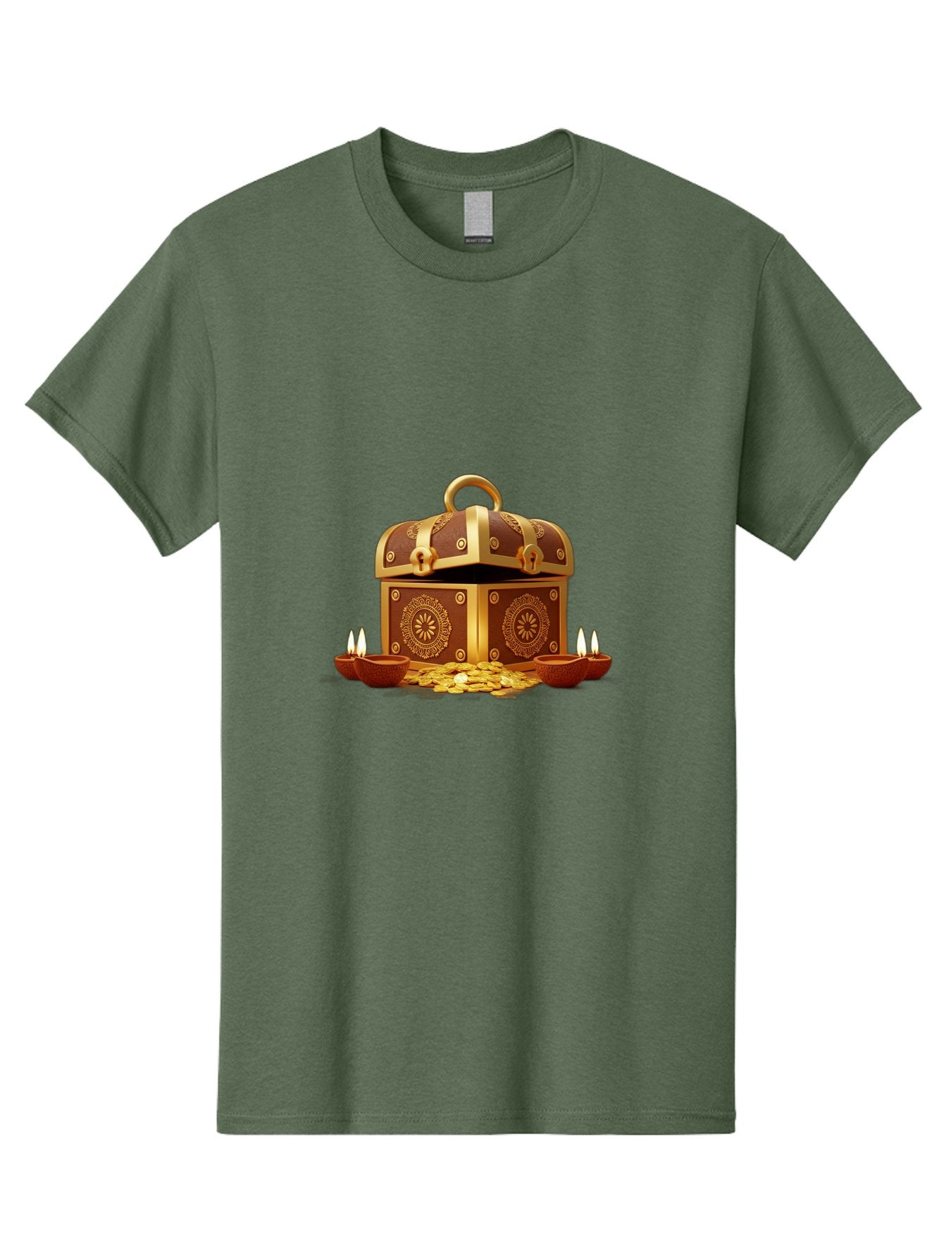Treasure-Chest Men'S Graphic Tee, 100% Cotton, Comfortable Casual Summer Wear, Machine Washable, Treasure Chest, Gold Coins, Diyas, Lit Candles, Prosperity, Wealth, Traditional Decor, Festive Atmosphere, Indian Culture, Ornate Design Bad859 11