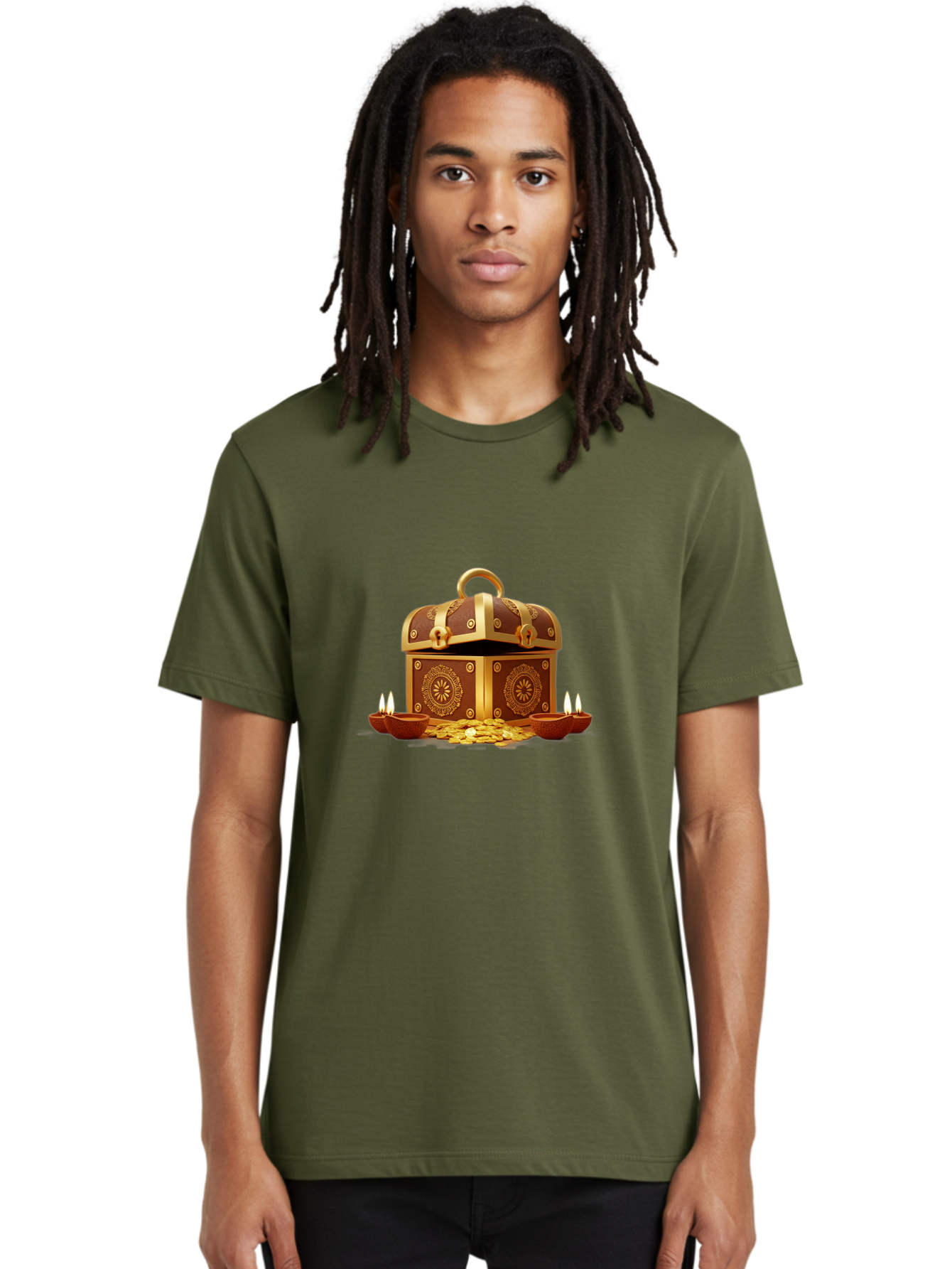 Treasure-Chest Men'S Graphic Tee, 100% Cotton, Comfortable Casual Summer Wear, Machine Washable, Treasure Chest, Gold Coins, Diyas, Lit Candles, Prosperity, Wealth, Traditional Decor, Festive Atmosphere, Indian Culture, Ornate Design Bad859 19