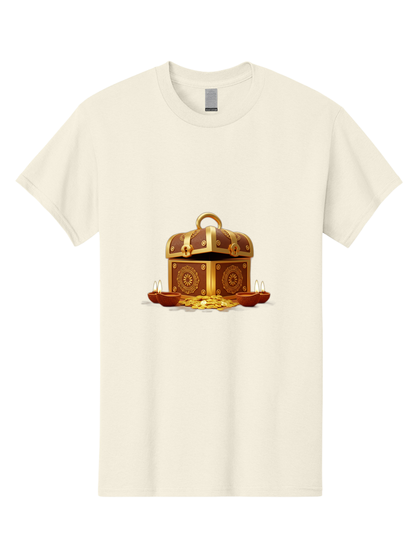 Treasure-Chest Men'S Graphic Tee, 100% Cotton, Comfortable Casual Summer Wear, Machine Washable, Treasure Chest, Gold Coins, Diyas, Lit Candles, Prosperity, Wealth, Traditional Decor, Festive Atmosphere, Indian Culture, Ornate Design Bad859 3