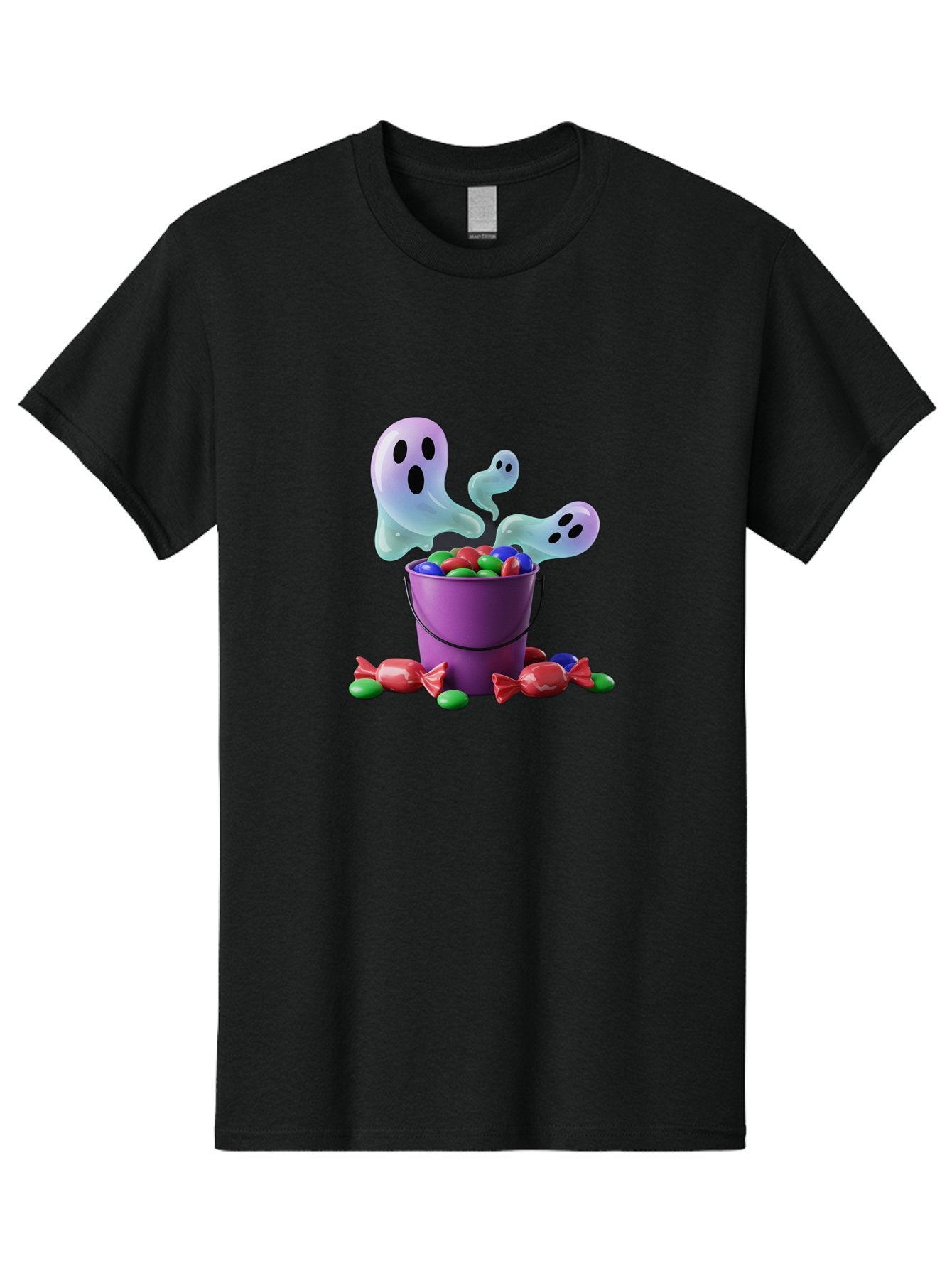 Trick-Or-Treat Men'S Graphic Tee, 100% Cotton, Comfortable Casual Summer Wear, Machine Washable, Halloween Candy, Purple Bucket, Ghostly Figures, Colorful Sweets, Candy Treats, Trick Or Treat, Spooky Season, Festive Treats, Holiday Fun Bad860 7