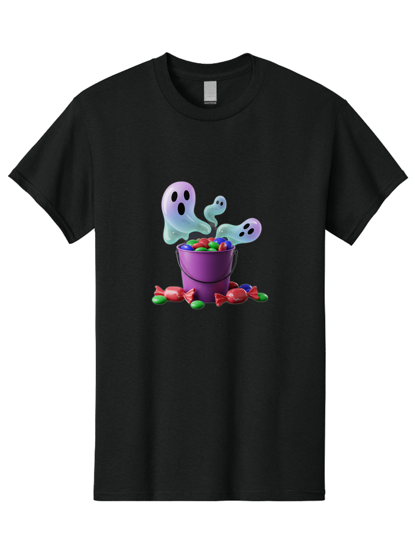 Trick-Or-Treat Men'S Graphic Tee, 100% Cotton, Comfortable Casual Summer Wear, Machine Washable, Halloween Candy, Purple Bucket, Ghostly Figures, Colorful Sweets, Candy Treats, Trick Or Treat, Spooky Season, Festive Treats, Holiday Fun Bad860 13