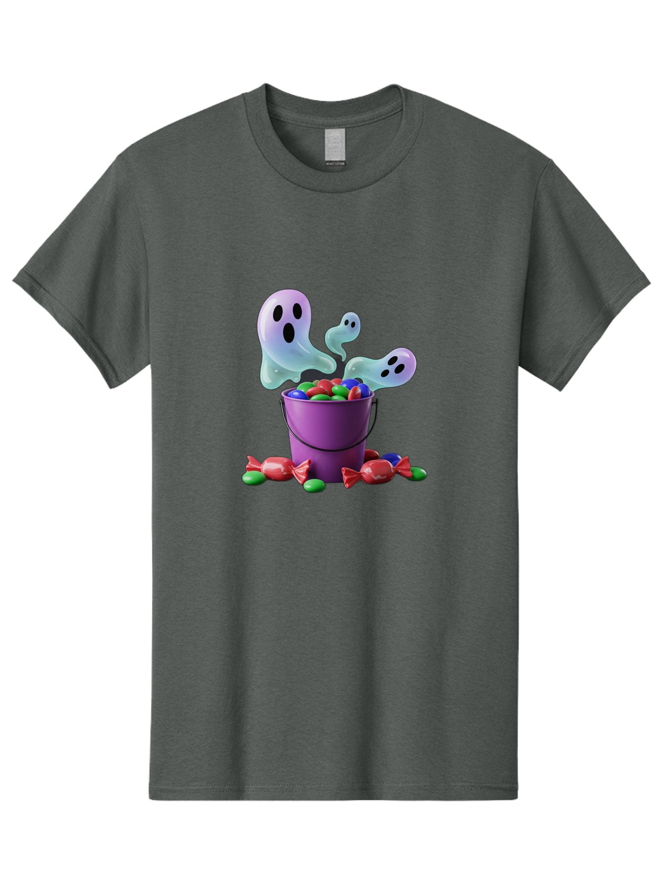 Trick-Or-Treat Men'S Graphic Tee, 100% Cotton, Comfortable Casual Summer Wear, Machine Washable, Halloween Candy, Purple Bucket, Ghostly Figures, Colorful Sweets, Candy Treats, Trick Or Treat, Spooky Season, Festive Treats, Holiday Fun Bad860 14