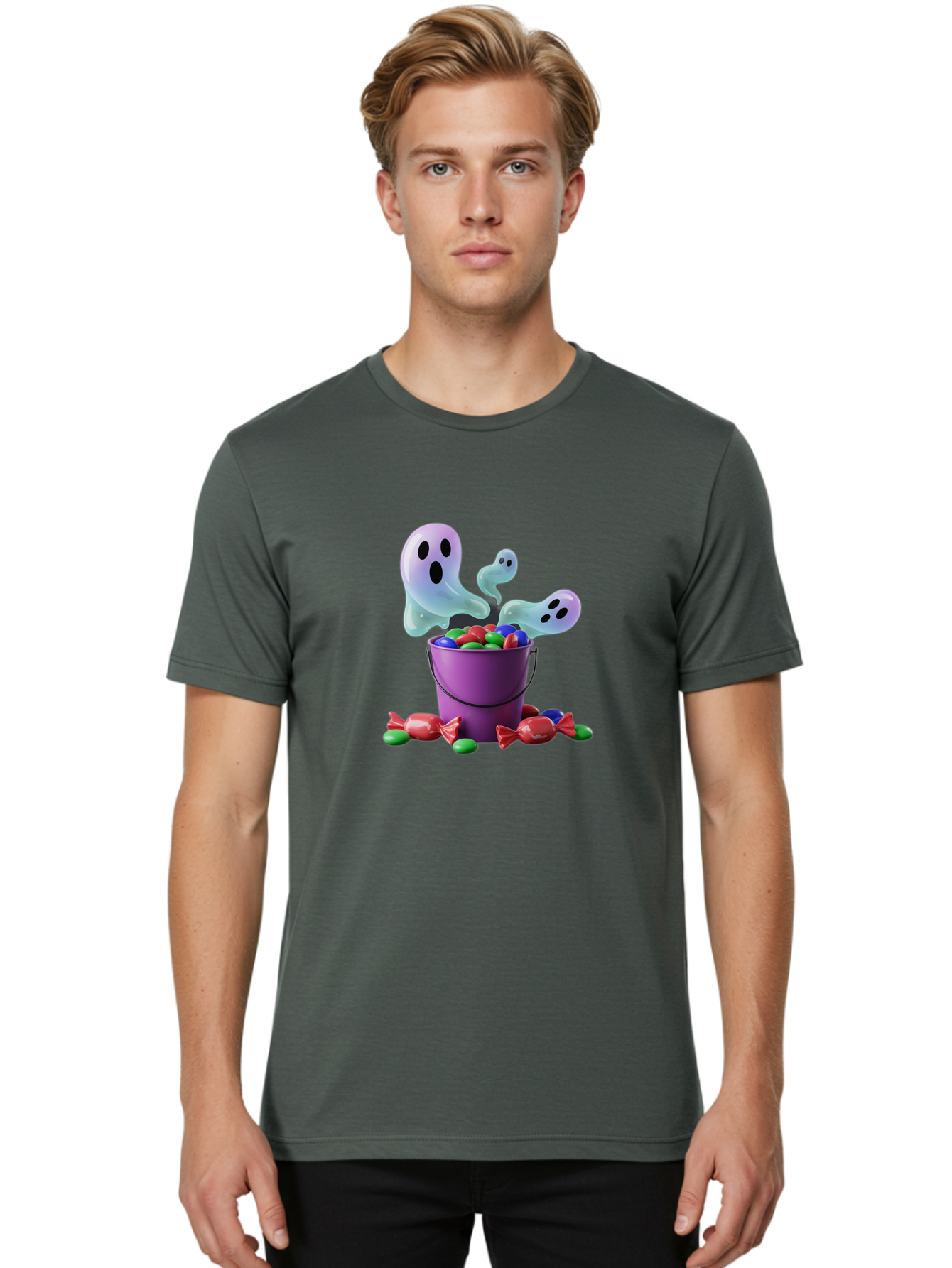 Trick-Or-Treat Men'S Graphic Tee, 100% Cotton, Comfortable Casual Summer Wear, Machine Washable, Halloween Candy, Purple Bucket, Ghostly Figures, Colorful Sweets, Candy Treats, Trick Or Treat, Spooky Season, Festive Treats, Holiday Fun Bad860 17