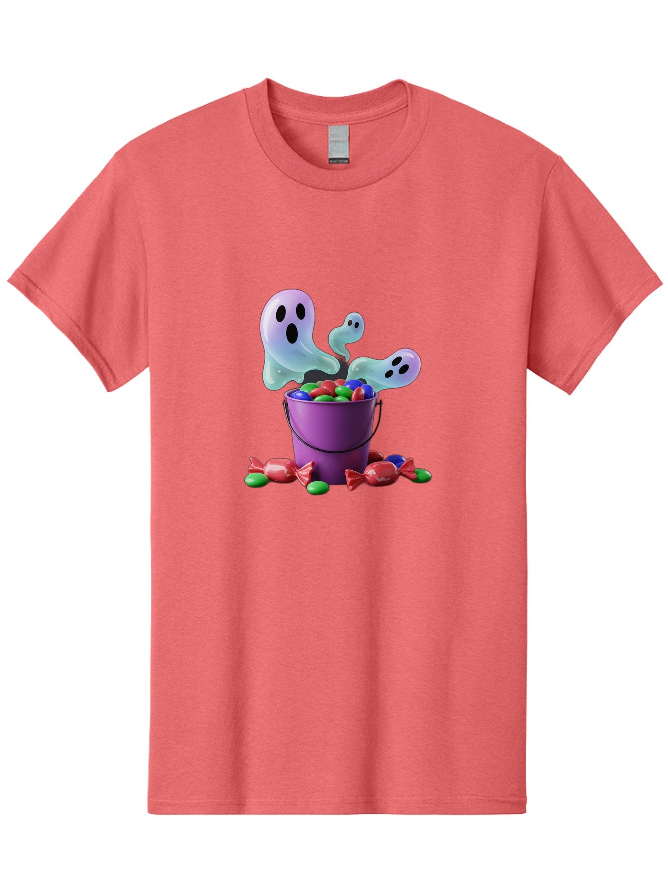 Trick-Or-Treat Men'S Graphic Tee, 100% Cotton, Comfortable Casual Summer Wear, Machine Washable, Halloween Candy, Purple Bucket, Ghostly Figures, Colorful Sweets, Candy Treats, Trick Or Treat, Spooky Season, Festive Treats, Holiday Fun Bad860