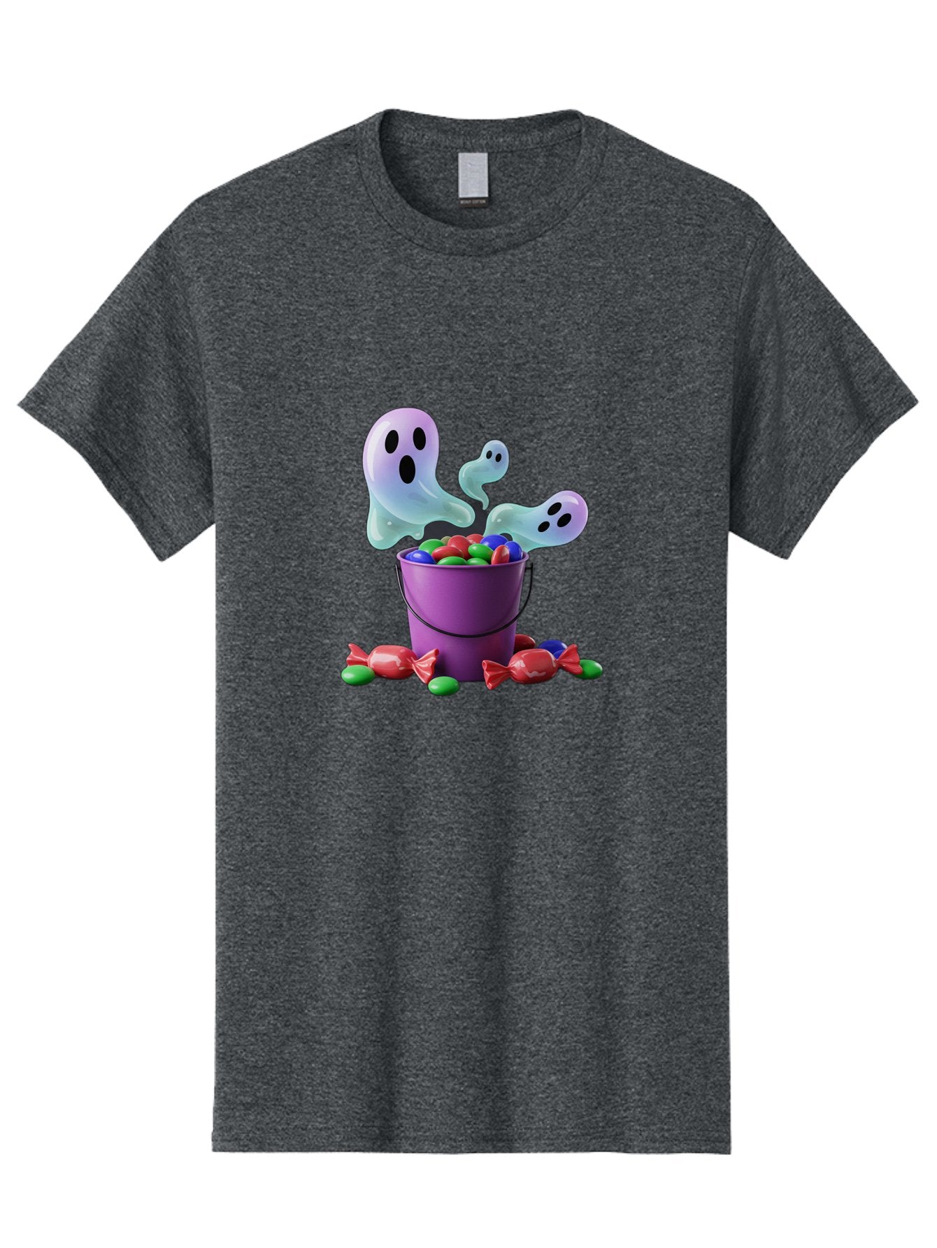 Trick-Or-Treat Men'S Graphic Tee, 100% Cotton, Comfortable Casual Summer Wear, Machine Washable, Halloween Candy, Purple Bucket, Ghostly Figures, Colorful Sweets, Candy Treats, Trick Or Treat, Spooky Season, Festive Treats, Holiday Fun Bad860 10
