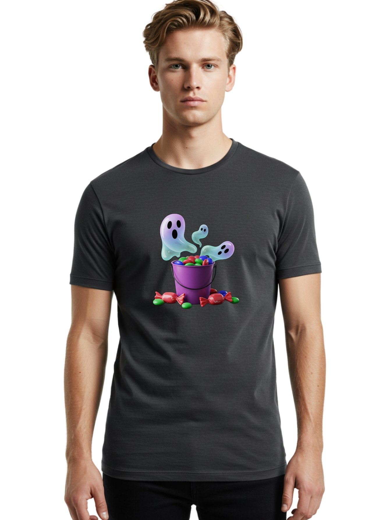 Trick-Or-Treat Men'S Graphic Tee, 100% Cotton, Comfortable Casual Summer Wear, Machine Washable, Halloween Candy, Purple Bucket, Ghostly Figures, Colorful Sweets, Candy Treats, Trick Or Treat, Spooky Season, Festive Treats, Holiday Fun Bad860 17