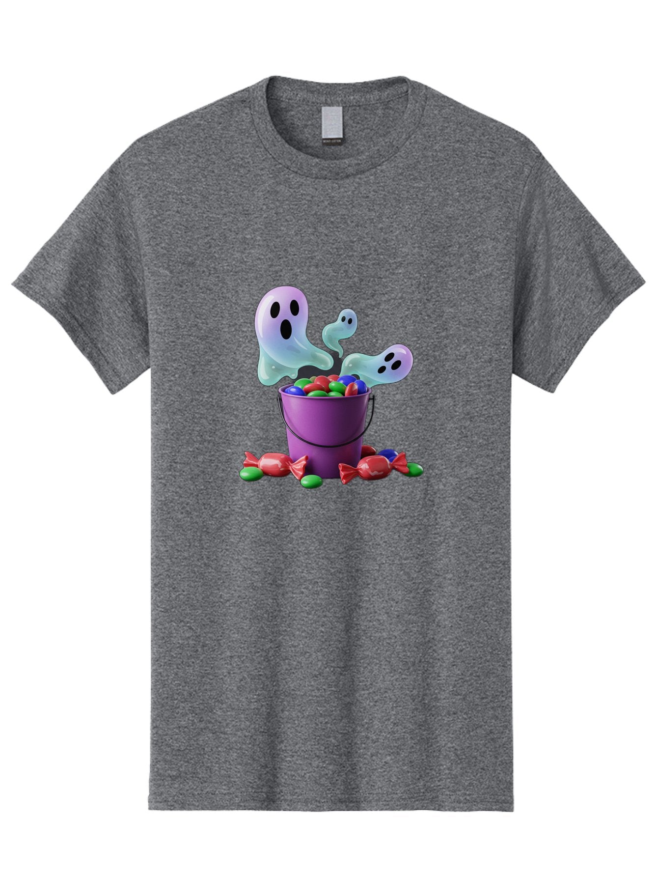 Trick-Or-Treat Men'S Graphic Tee, 100% Cotton, Comfortable Casual Summer Wear, Machine Washable, Halloween Candy, Purple Bucket, Ghostly Figures, Colorful Sweets, Candy Treats, Trick Or Treat, Spooky Season, Festive Treats, Holiday Fun Bad860 6