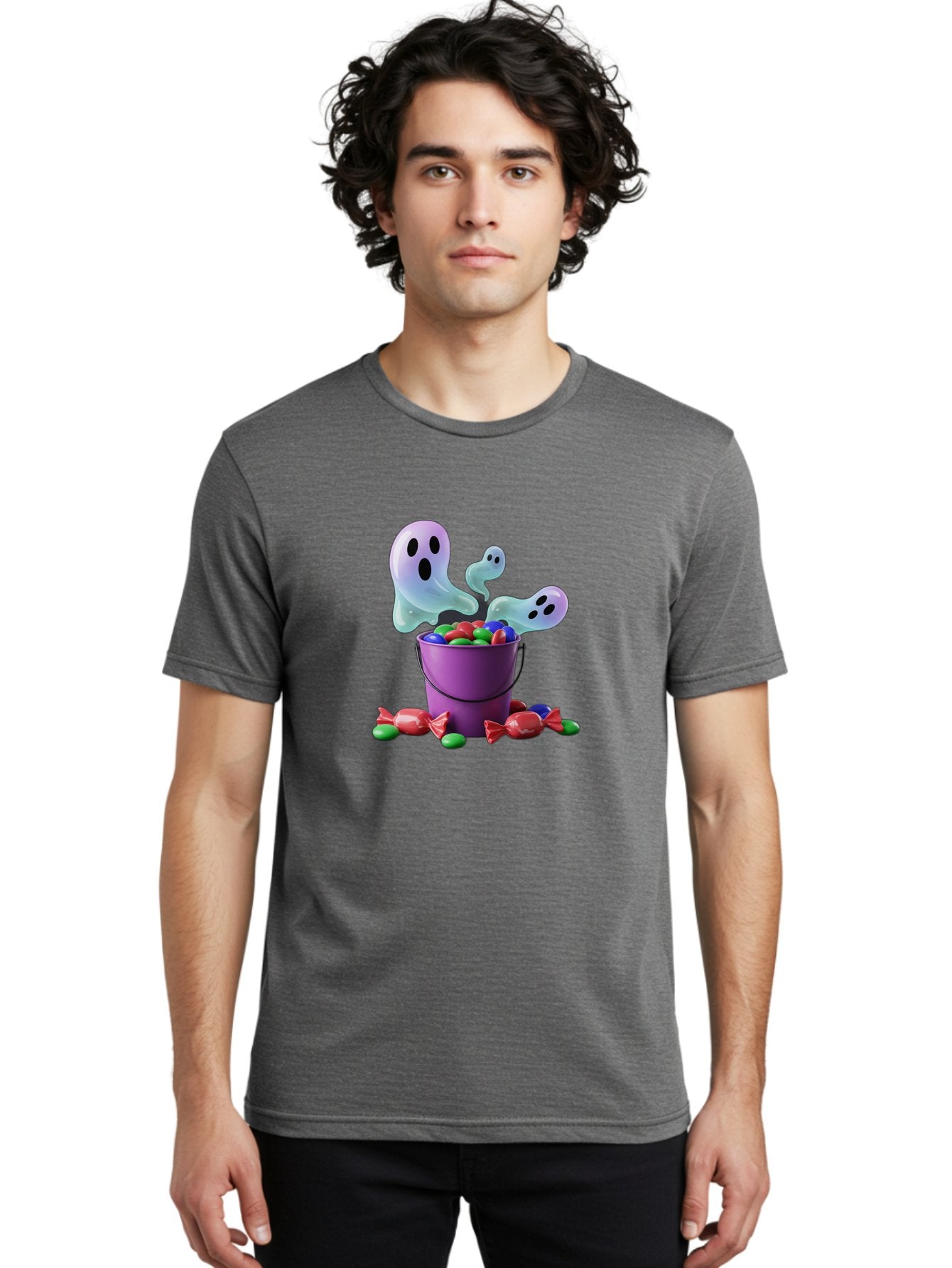 Trick-Or-Treat Men'S Graphic Tee, 100% Cotton, Comfortable Casual Summer Wear, Machine Washable, Halloween Candy, Purple Bucket, Ghostly Figures, Colorful Sweets, Candy Treats, Trick Or Treat, Spooky Season, Festive Treats, Holiday Fun Bad860 24