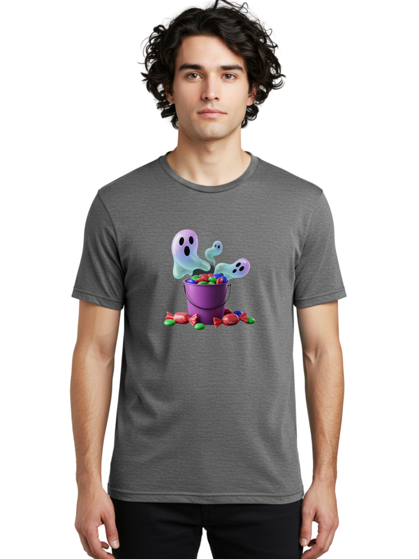 Trick-Or-Treat Men'S Graphic Tee, 100% Cotton, Comfortable Casual Summer Wear, Machine Washable, Halloween Candy, Purple Bucket, Ghostly Figures, Colorful Sweets, Candy Treats, Trick Or Treat, Spooky Season, Festive Treats, Holiday Fun Bad860 22