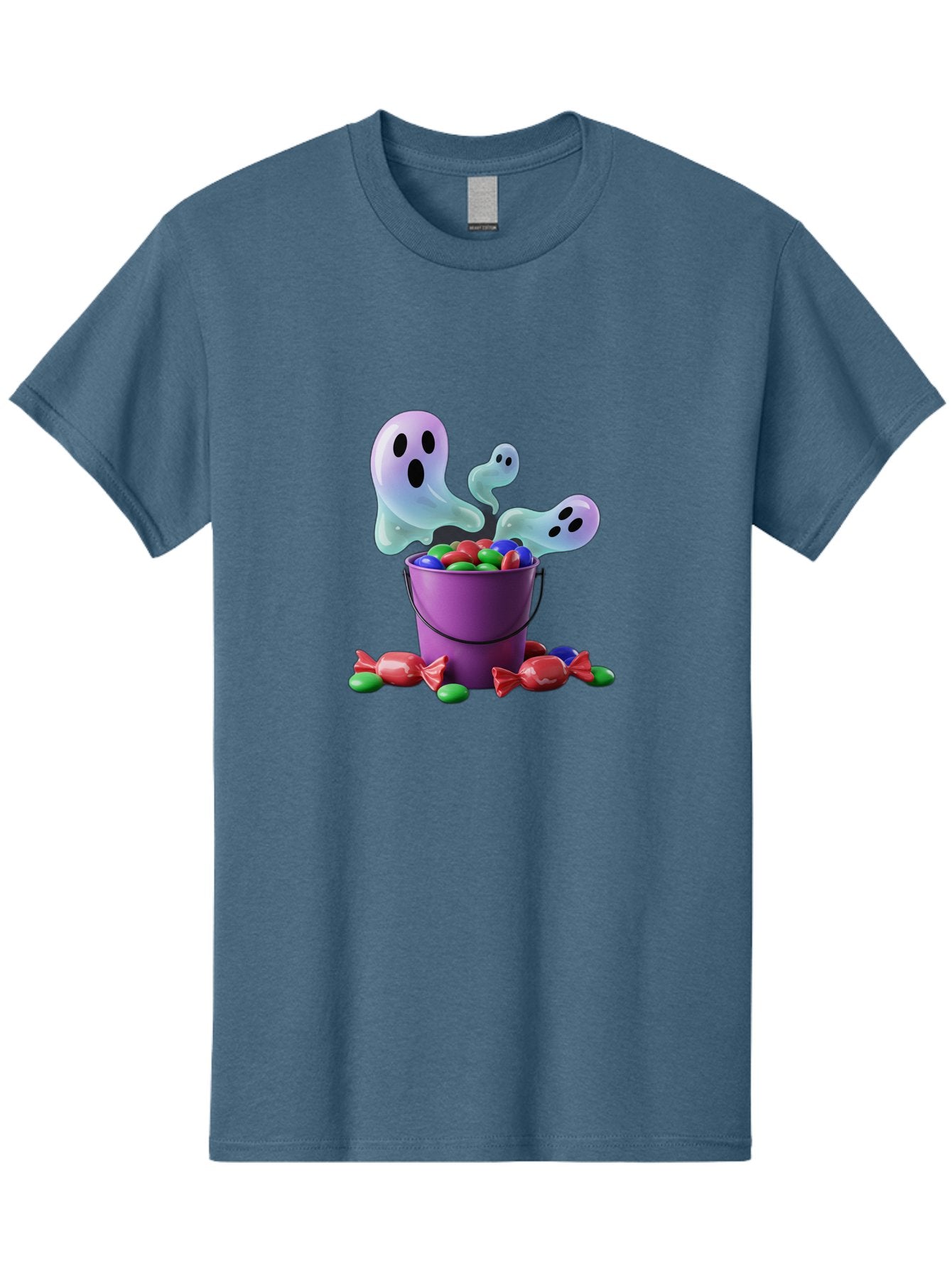 Trick-Or-Treat Men'S Graphic Tee, 100% Cotton, Comfortable Casual Summer Wear, Machine Washable, Halloween Candy, Purple Bucket, Ghostly Figures, Colorful Sweets, Candy Treats, Trick Or Treat, Spooky Season, Festive Treats, Holiday Fun Bad860 5