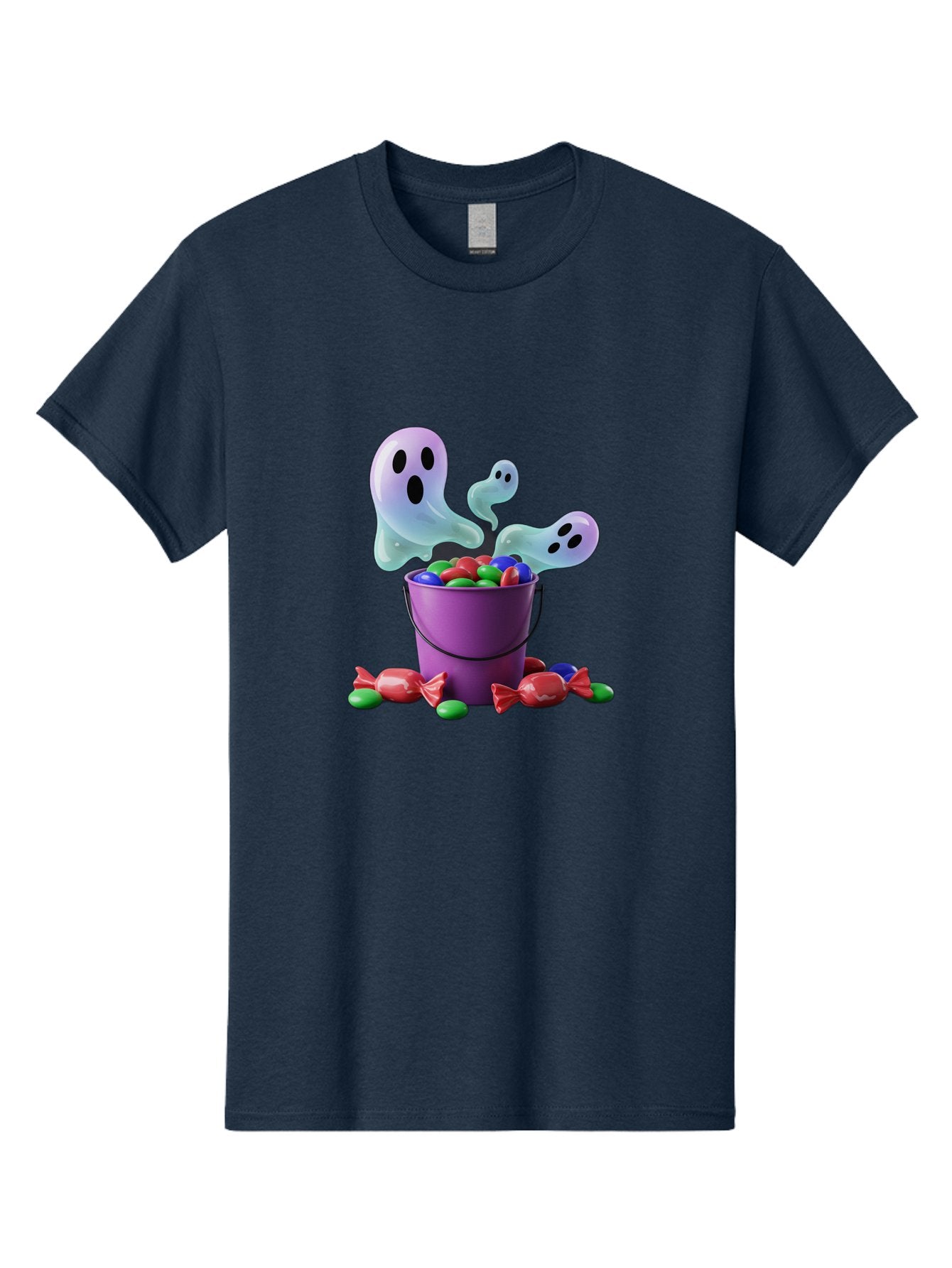 Trick-Or-Treat Men'S Graphic Tee, 100% Cotton, Comfortable Casual Summer Wear, Machine Washable, Halloween Candy, Purple Bucket, Ghostly Figures, Colorful Sweets, Candy Treats, Trick Or Treat, Spooky Season, Festive Treats, Holiday Fun Bad860 15