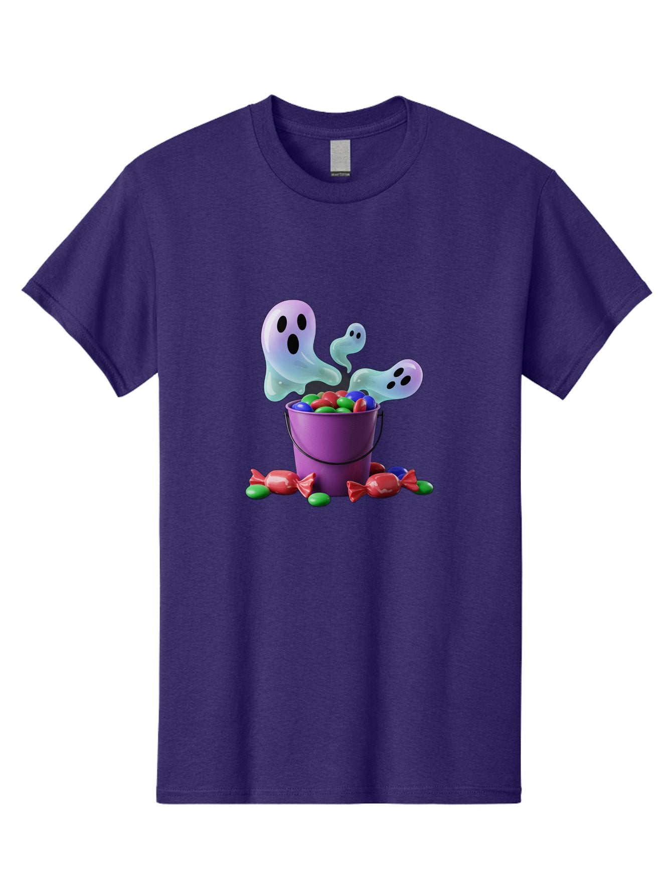 Trick-Or-Treat Men'S Graphic Tee, 100% Cotton, Comfortable Casual Summer Wear, Machine Washable, Halloween Candy, Purple Bucket, Ghostly Figures, Colorful Sweets, Candy Treats, Trick Or Treat, Spooky Season, Festive Treats, Holiday Fun Bad860 4