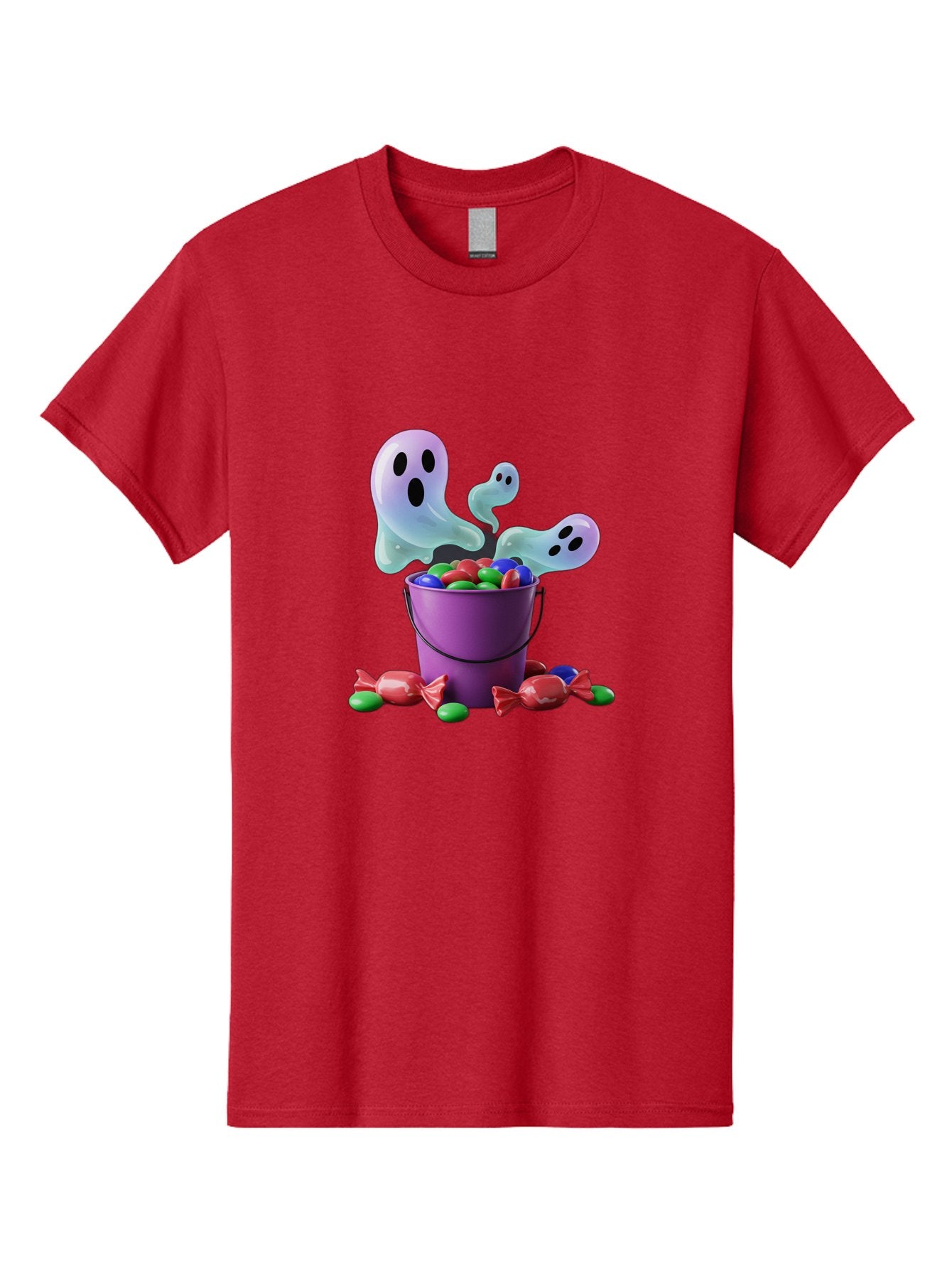 Trick-Or-Treat Men'S Graphic Tee, 100% Cotton, Comfortable Casual Summer Wear, Machine Washable, Halloween Candy, Purple Bucket, Ghostly Figures, Colorful Sweets, Candy Treats, Trick Or Treat, Spooky Season, Festive Treats, Holiday Fun Bad860