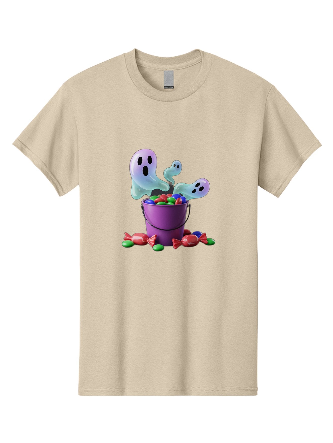 Trick-Or-Treat Men'S Graphic Tee, 100% Cotton, Comfortable Casual Summer Wear, Machine Washable, Halloween Candy, Purple Bucket, Ghostly Figures, Colorful Sweets, Candy Treats, Trick Or Treat, Spooky Season, Festive Treats, Holiday Fun Bad860 3