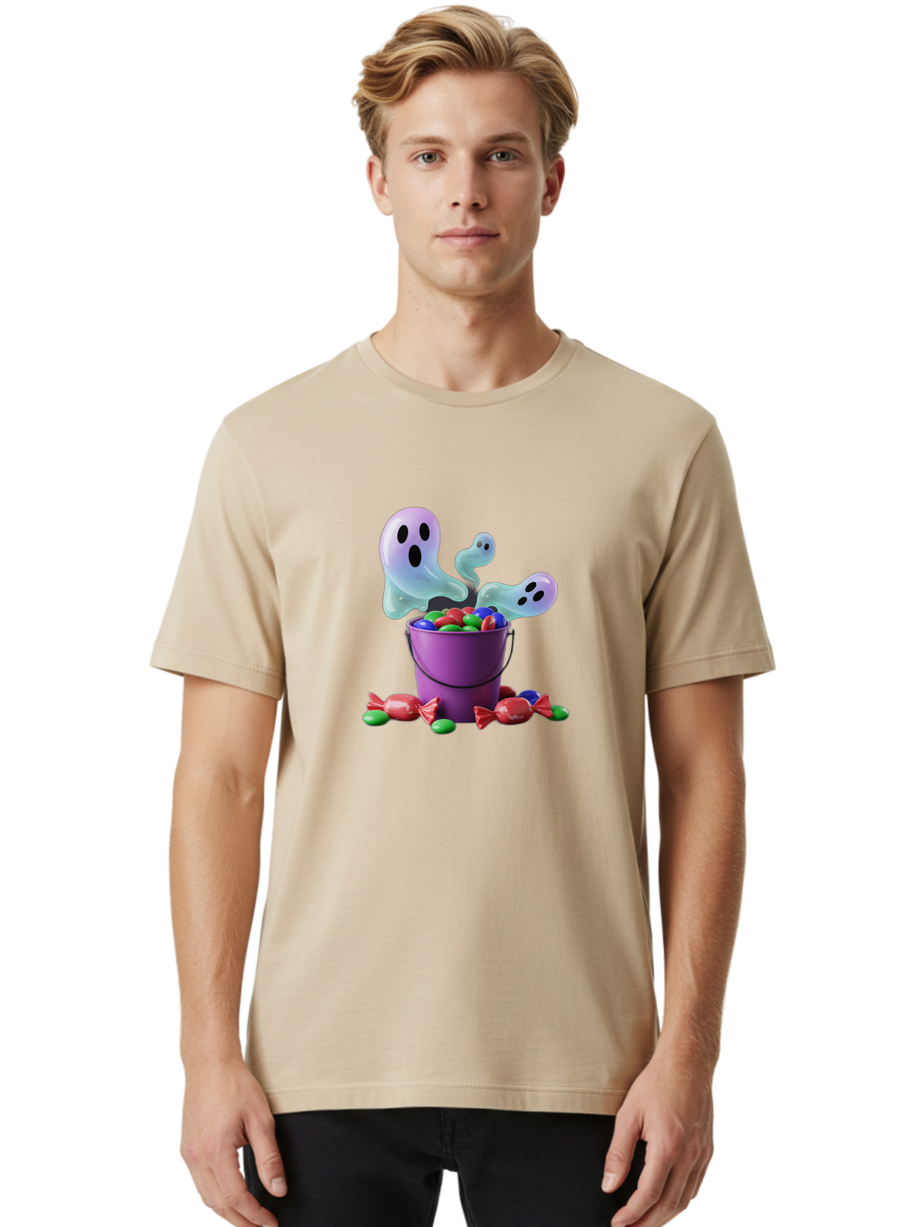 Trick-Or-Treat Men'S Graphic Tee, 100% Cotton, Comfortable Casual Summer Wear, Machine Washable, Halloween Candy, Purple Bucket, Ghostly Figures, Colorful Sweets, Candy Treats, Trick Or Treat, Spooky Season, Festive Treats, Holiday Fun Bad860 24