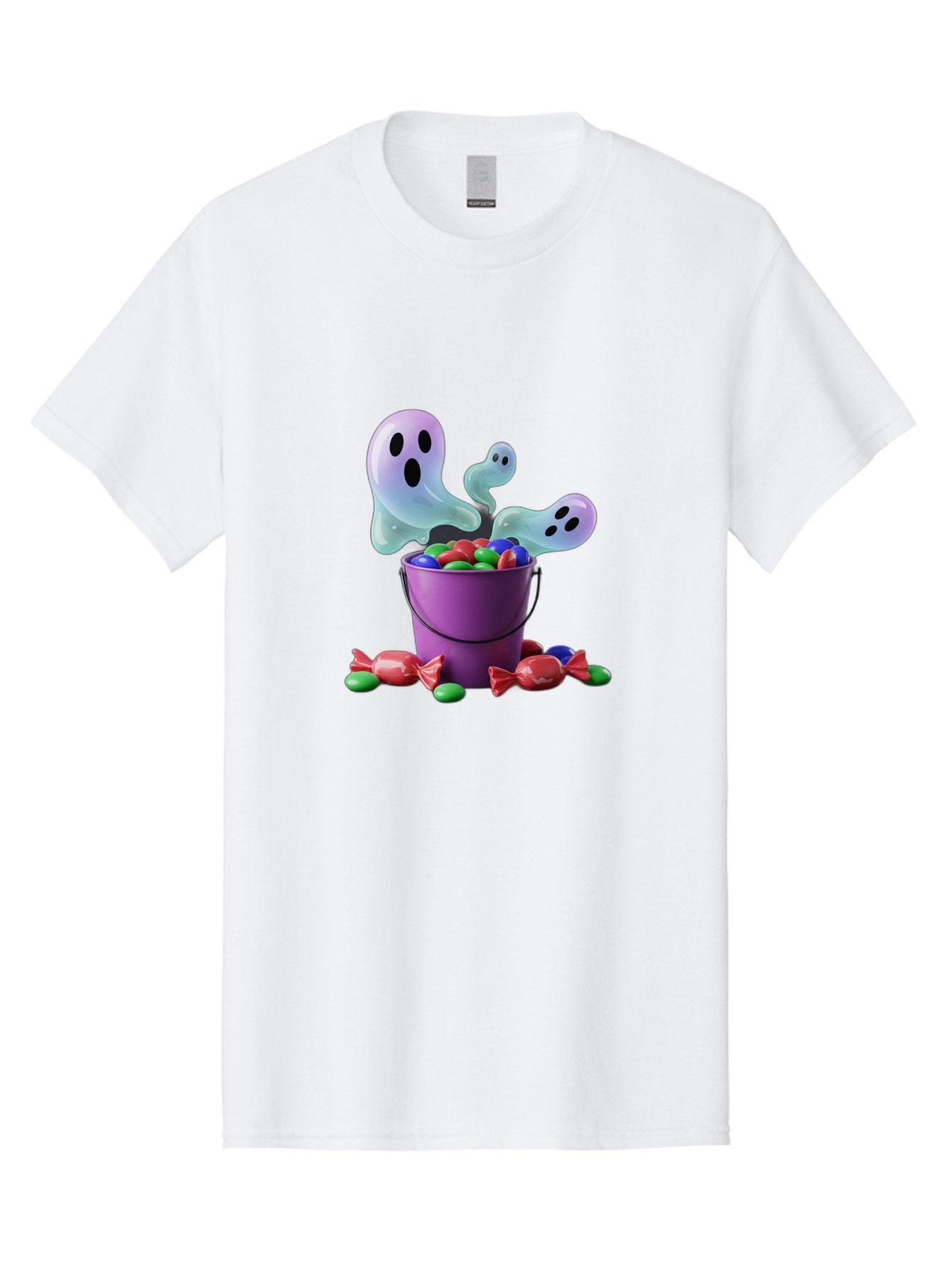 Trick-Or-Treat Men'S Graphic Tee, 100% Cotton, Comfortable Casual Summer Wear, Machine Washable, Halloween Candy, Purple Bucket, Ghostly Figures, Colorful Sweets, Candy Treats, Trick Or Treat, Spooky Season, Festive Treats, Holiday Fun Bad860 11
