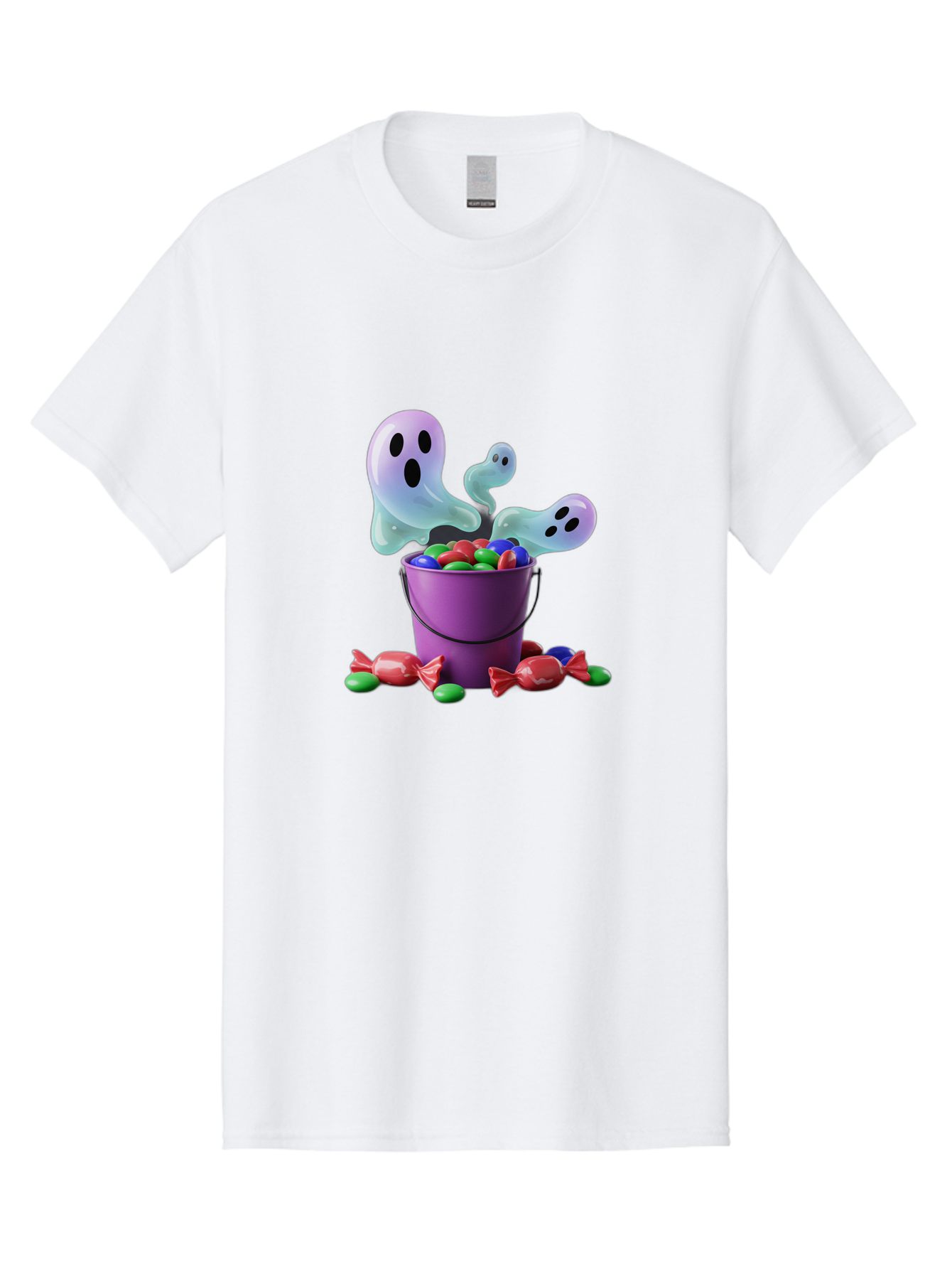 Trick-Or-Treat Men'S Graphic Tee, 100% Cotton, Comfortable Casual Summer Wear, Machine Washable, Halloween Candy, Purple Bucket, Ghostly Figures, Colorful Sweets, Candy Treats, Trick Or Treat, Spooky Season, Festive Treats, Holiday Fun Bad860 4