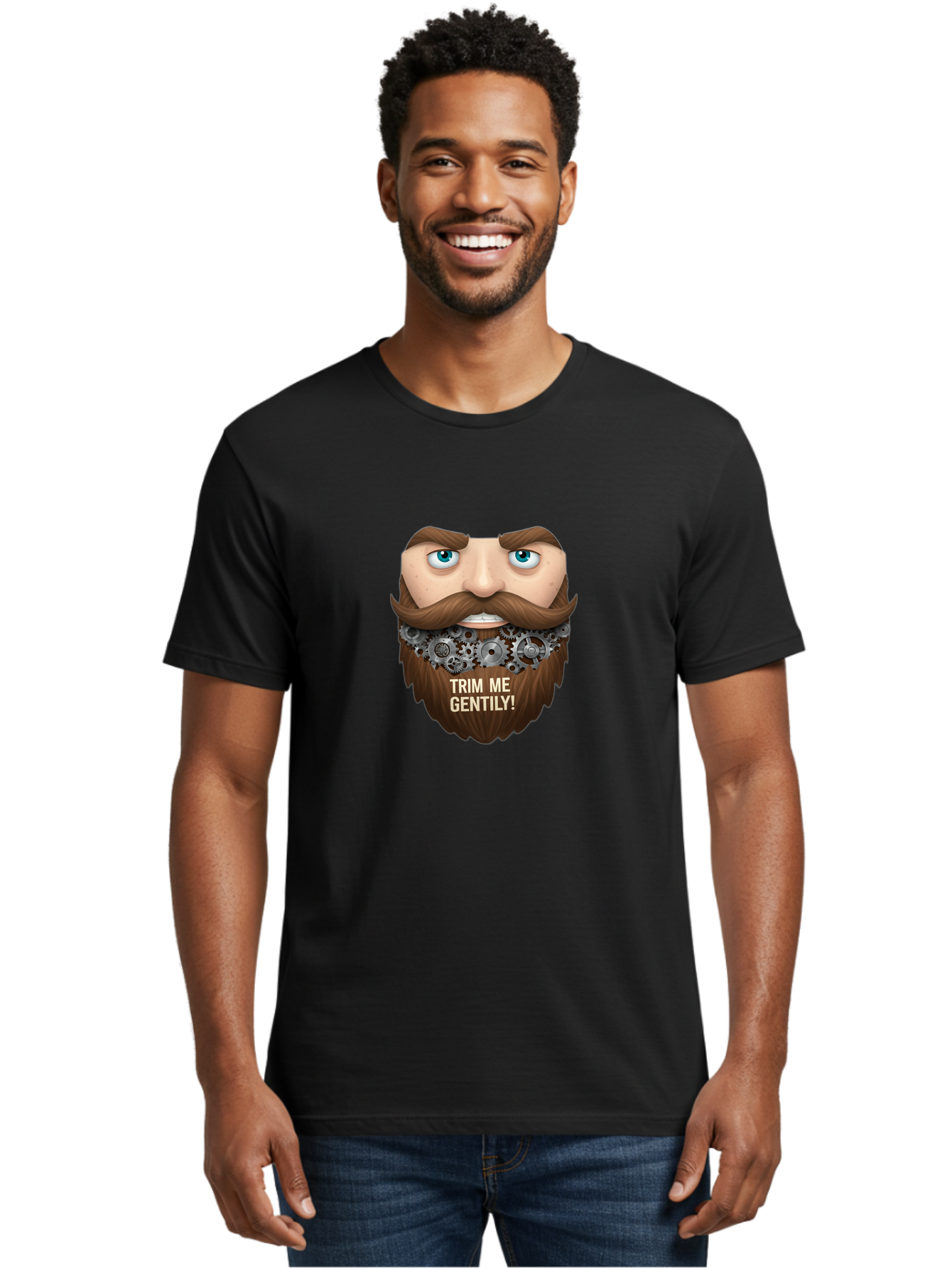 Trim-Me-Gentily Men'S Graphic Tee, 100% Cotton, Comfortable Casual Summer Wear, Machine Washable, Steampunk-Inspired Beard, Mechanical Gears, Vintage Grooming, Quirky Humor, Unique Facial Hair, Whimsical Design, Trim Me Gently, Bad861 25
