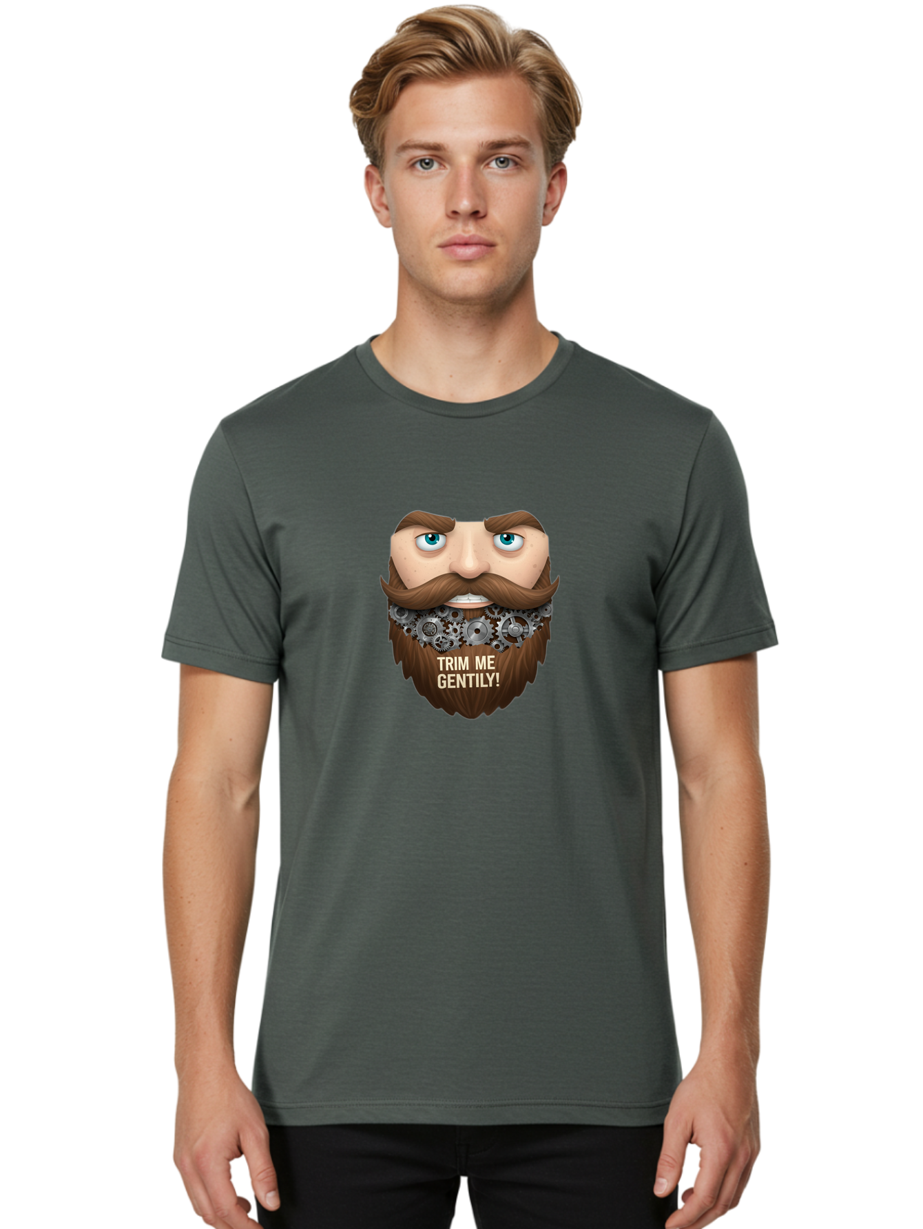 Trim-Me-Gentily Men'S Graphic Tee, 100% Cotton, Comfortable Casual Summer Wear, Machine Washable, Steampunk-Inspired Beard, Mechanical Gears, Vintage Grooming, Quirky Humor, Unique Facial Hair, Whimsical Design, Trim Me Gently, Bad861 27