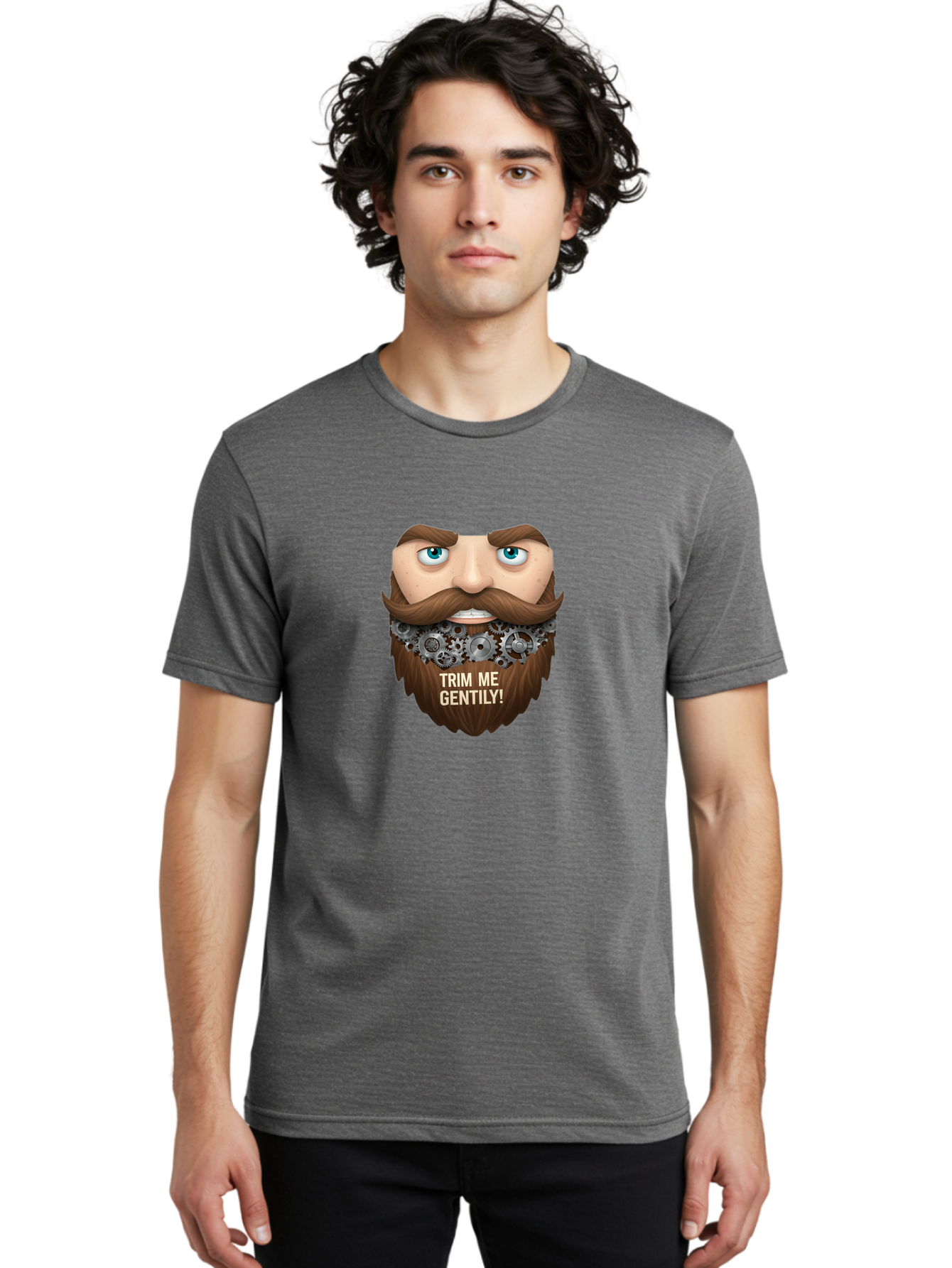 Trim-Me-Gentily Men'S Graphic Tee, 100% Cotton, Comfortable Casual Summer Wear, Machine Washable, Steampunk-Inspired Beard, Mechanical Gears, Vintage Grooming, Quirky Humor, Unique Facial Hair, Whimsical Design, Trim Me Gently, Bad861 19