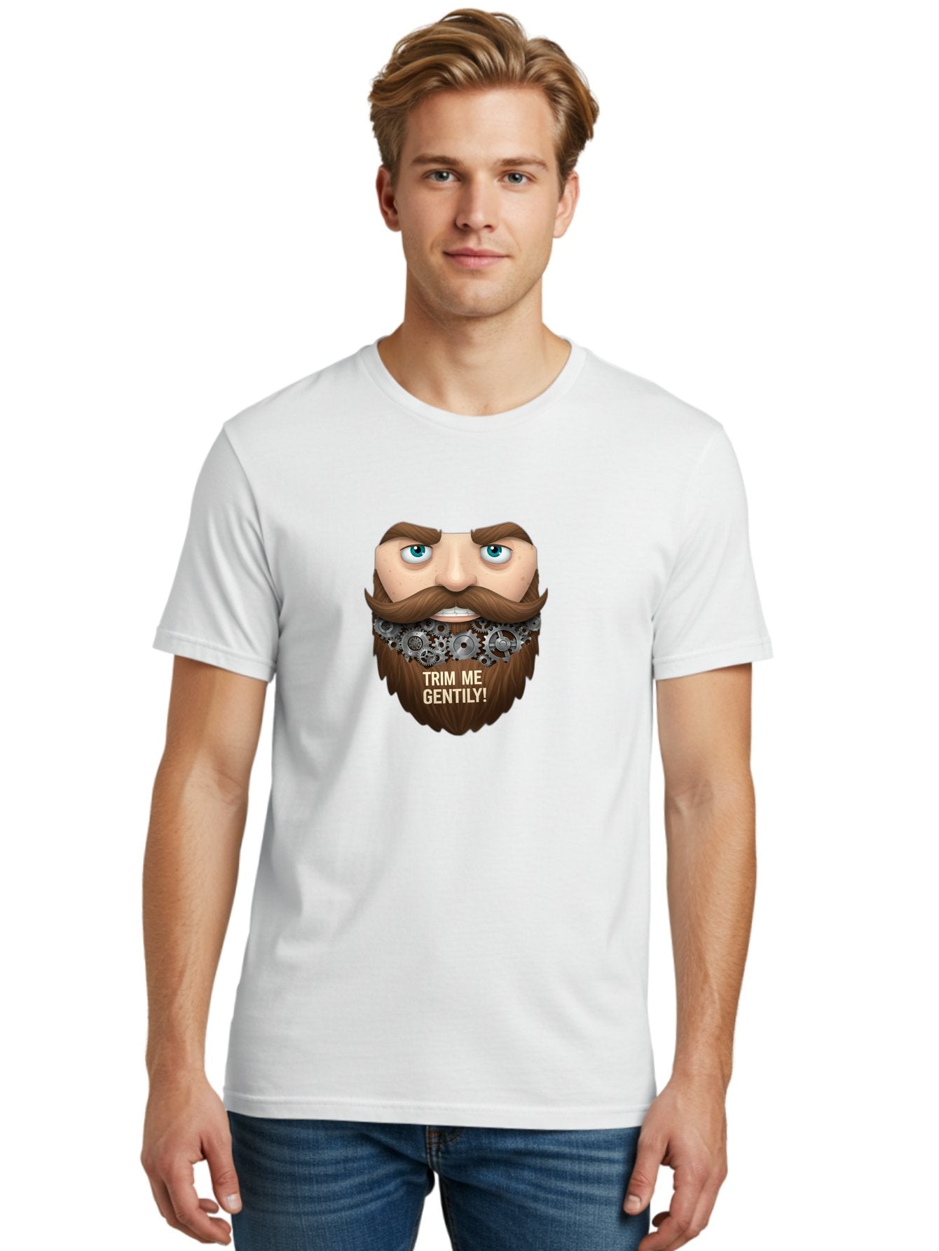 Trim-Me-Gentily Men'S Graphic Tee, 100% Cotton, Comfortable Casual Summer Wear, Machine Washable, Steampunk-Inspired Beard, Mechanical Gears, Vintage Grooming, Quirky Humor, Unique Facial Hair, Whimsical Design, Trim Me Gently, Bad861 25