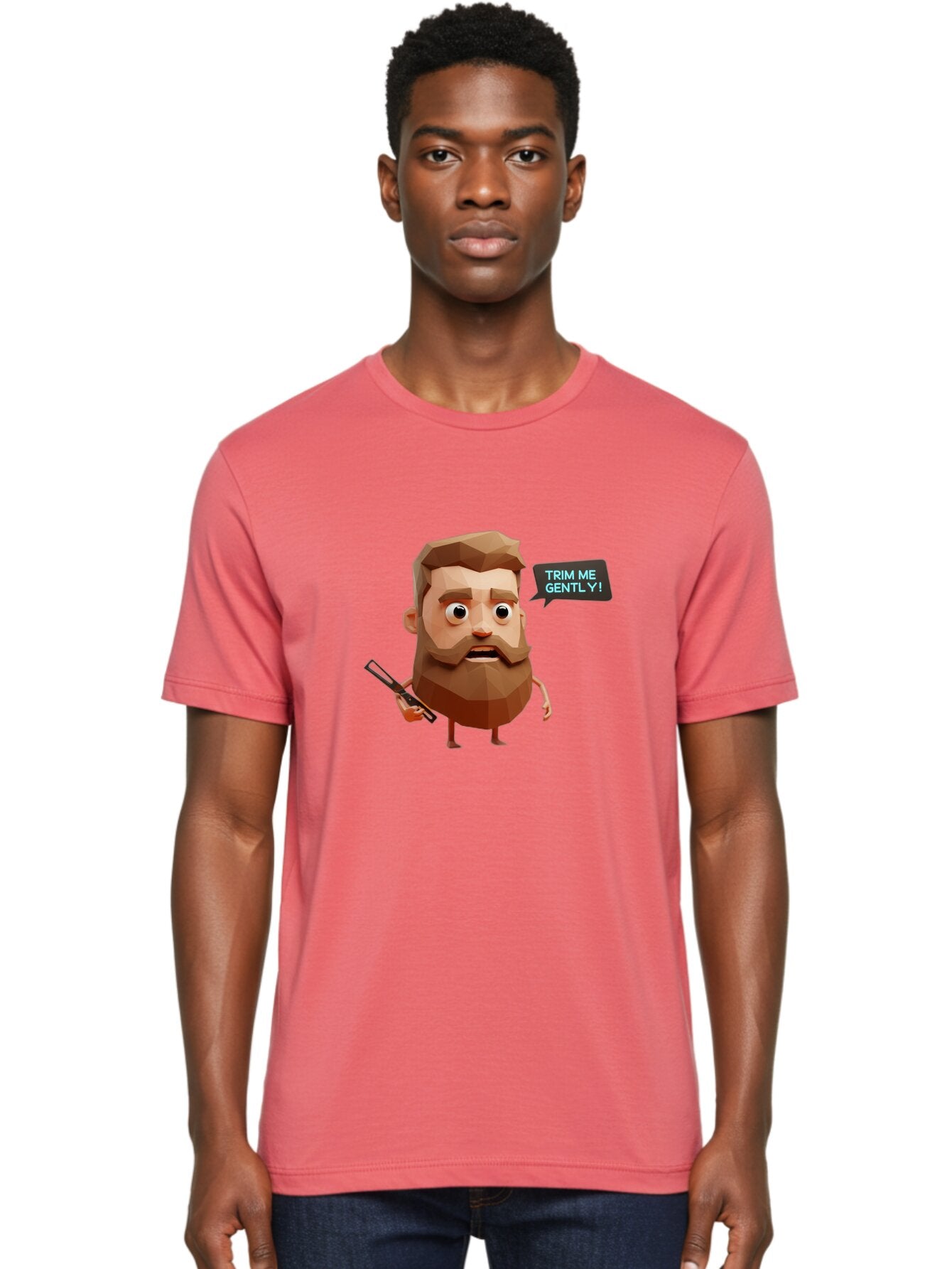 Trim-Me-Gently-1 Men'S Graphic Tee, 100% Cotton, Comfortable Casual Summer Wear, Machine Washable, Cartoon Man, Low Poly Character, 3D Illustration, Barber Theme, Grooming, Male Beauty, Beard Care, Scissors, Funny Expression Bad862 21