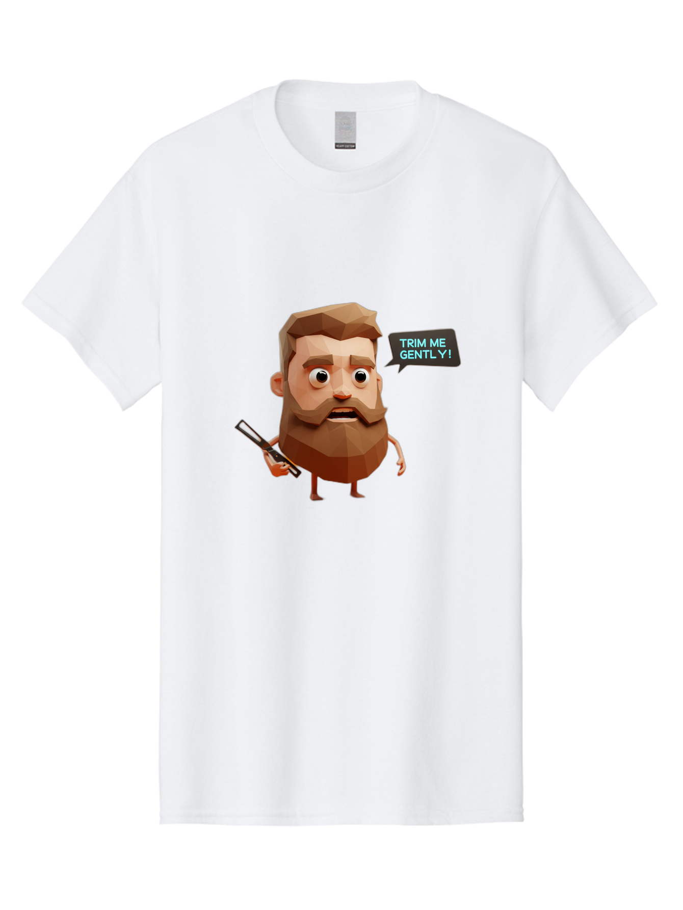 Trim-Me-Gently-1 Men'S Graphic Tee, 100% Cotton, Comfortable Casual Summer Wear, Machine Washable, Cartoon Man, Low Poly Character, 3D Illustration, Barber Theme, Grooming, Male Beauty, Beard Care, Scissors, Funny Expression Bad862