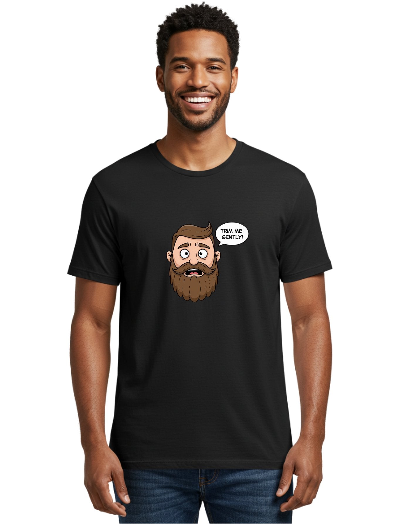 Trim-Me-Gently-3 Men'S Graphic Tee, 100% Cotton, Comfortable Casual Summer Wear, Machine Washable, Cartoon Man With Brown Hair And Beard, Worried Expression, Speech Bubble, Barber Humor, Grooming, Haircut, Men'S Grooming, Comedic Relief Bad864 20