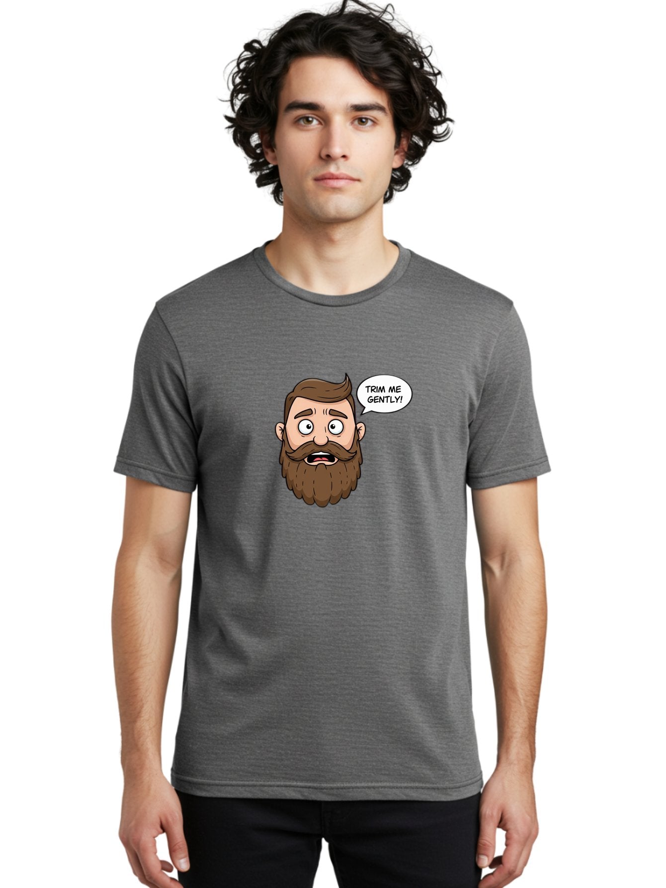 Trim-Me-Gently-3 Men'S Graphic Tee, 100% Cotton, Comfortable Casual Summer Wear, Machine Washable, Cartoon Man With Brown Hair And Beard, Worried Expression, Speech Bubble, Barber Humor, Grooming, Haircut, Men'S Grooming, Comedic Relief Bad864 23