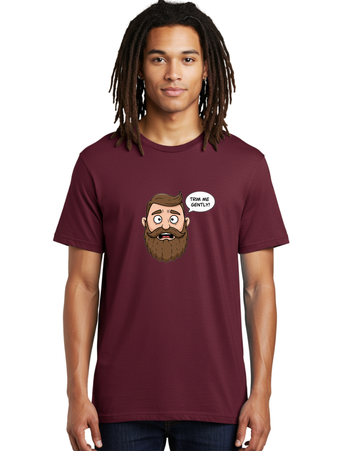 Trim-Me-Gently-3 Men'S Graphic Tee, 100% Cotton, Comfortable Casual Summer Wear, Machine Washable, Cartoon Man With Brown Hair And Beard, Worried Expression, Speech Bubble, Barber Humor, Grooming, Haircut, Men'S Grooming, Comedic Relief Bad864 29