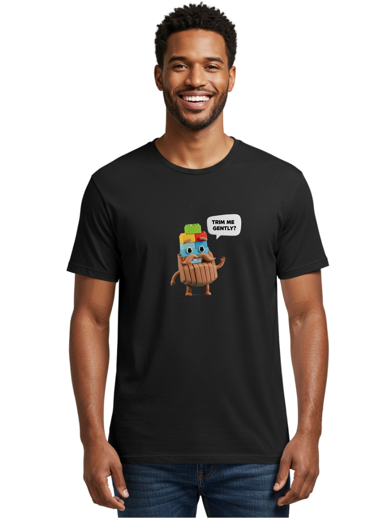 Trim-Me-Gently-5 Men'S Graphic Tee, 100% Cotton, Comfortable Casual Summer Wear, Machine Washable, Funny Character, Lego Figure, Cartoon Style, Humorous Mustache, Comedic Expression, Quirky Personality, Playful Design, Building Blocks, Bad866 25