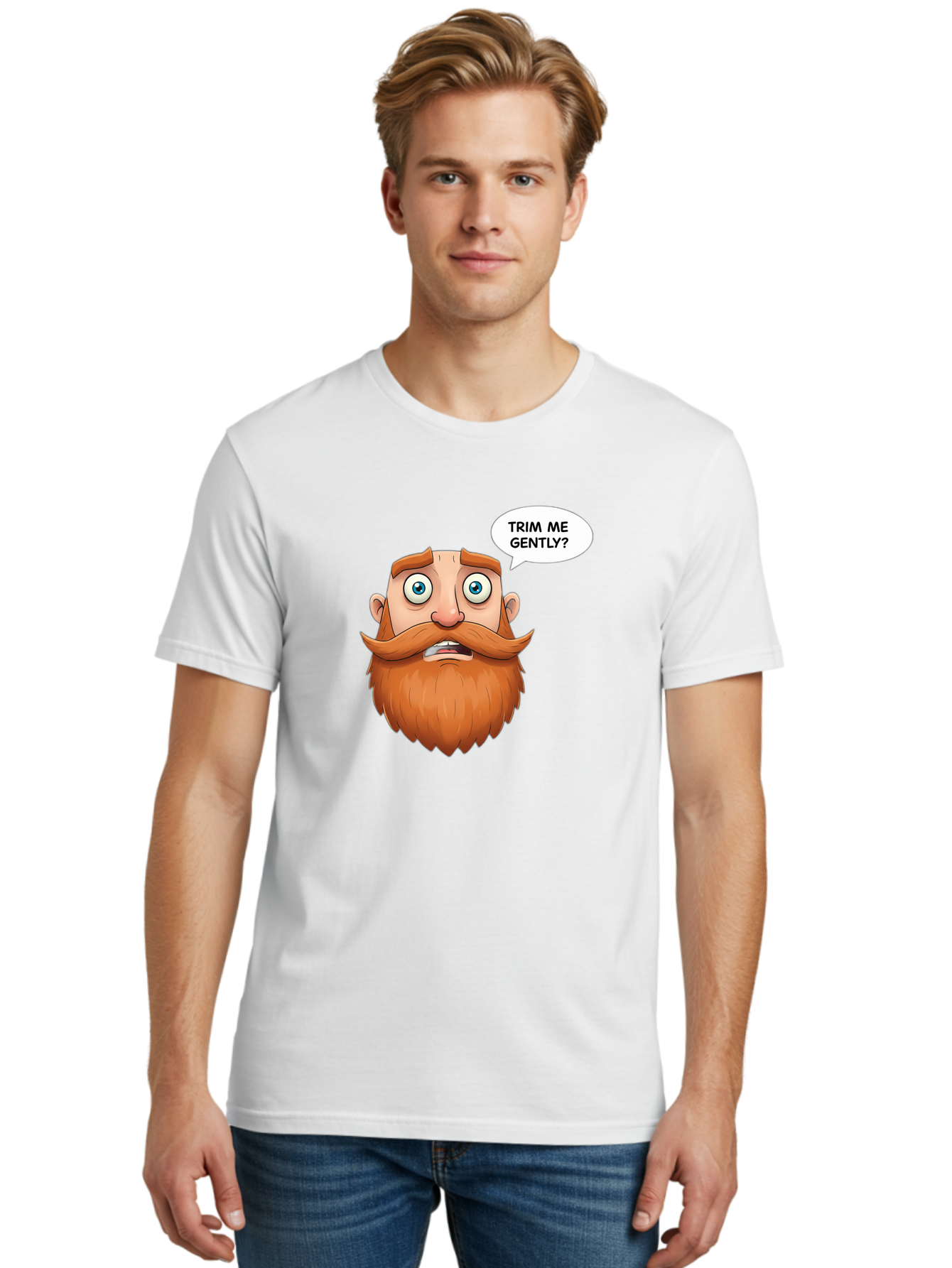 Trim-Me-Gently Men'S Graphic Tee, 100% Cotton, Comfortable Casual Summer Wear, Machine Washable, Cartoon Man With Large Beard, Funny Character, Humorous Illustration, Comedic Expression, Mustache And Beard, Gentle Trim Request, Cartoon Style, Bad867 23