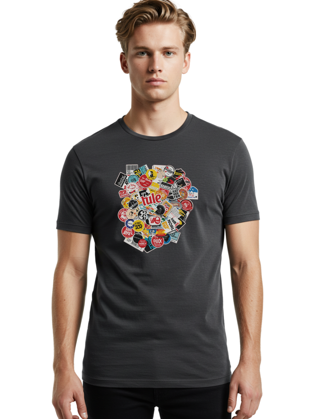 Tule-Sticker-Collage Men'S Graphic Tee, 100% Cotton, Comfortable Casual Summer Wear, Machine Washable, Sticker Collection, Vinyl Stickers, Label Art, Diverse Designs, Quirky Graphics, Bold Typography, Eclectic Mix, Logos, Branding, Decals, Bad868 25