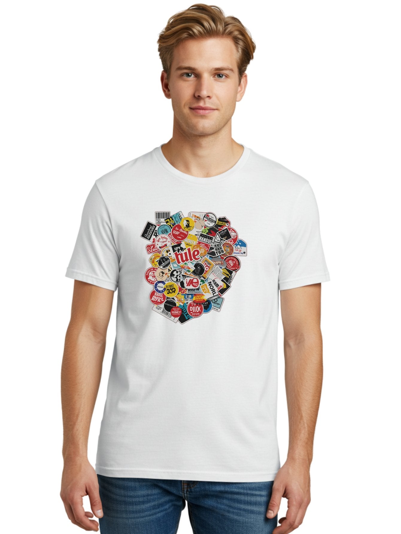Tule-Sticker-Collage Men'S Graphic Tee, 100% Cotton, Comfortable Casual Summer Wear, Machine Washable, Sticker Collection, Vinyl Stickers, Label Art, Diverse Designs, Quirky Graphics, Bold Typography, Eclectic Mix, Logos, Branding, Decals, Bad868 18