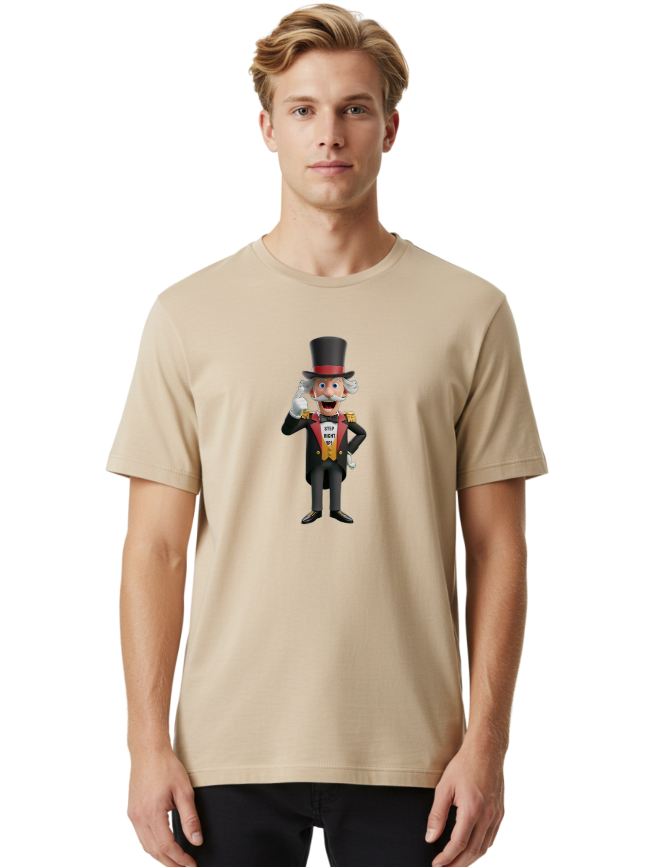 Uncle-Sam Men'S Graphic Tee, 100% Cotton, Comfortable Casual Summer Wear, Machine Washable, Uncle Sam Illustration, Cartoon Character, Usa Symbol, Patriotic Figure, Step Right Up!, Top Hat, White Gloves, Formal Attire, Vintage Style, Bad871 23