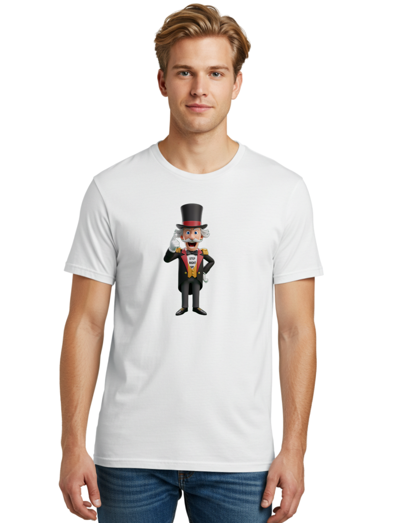 Uncle-Sam Men'S Graphic Tee, 100% Cotton, Comfortable Casual Summer Wear, Machine Washable, Uncle Sam Illustration, Cartoon Character, Usa Symbol, Patriotic Figure, Step Right Up!, Top Hat, White Gloves, Formal Attire, Vintage Style, Bad871 24