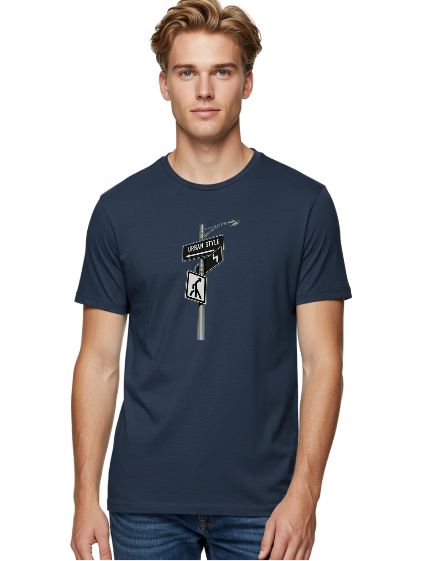 Urban-Style-5 Men'S Graphic Tee, 100% Cotton, Comfortable Casual Summer Wear, Machine Washable, Street Signs, Urban Direction, Street Style, Black And White, Directional Signs, City Life, Pedestrian Crossing, Street Lamp Bad876 27